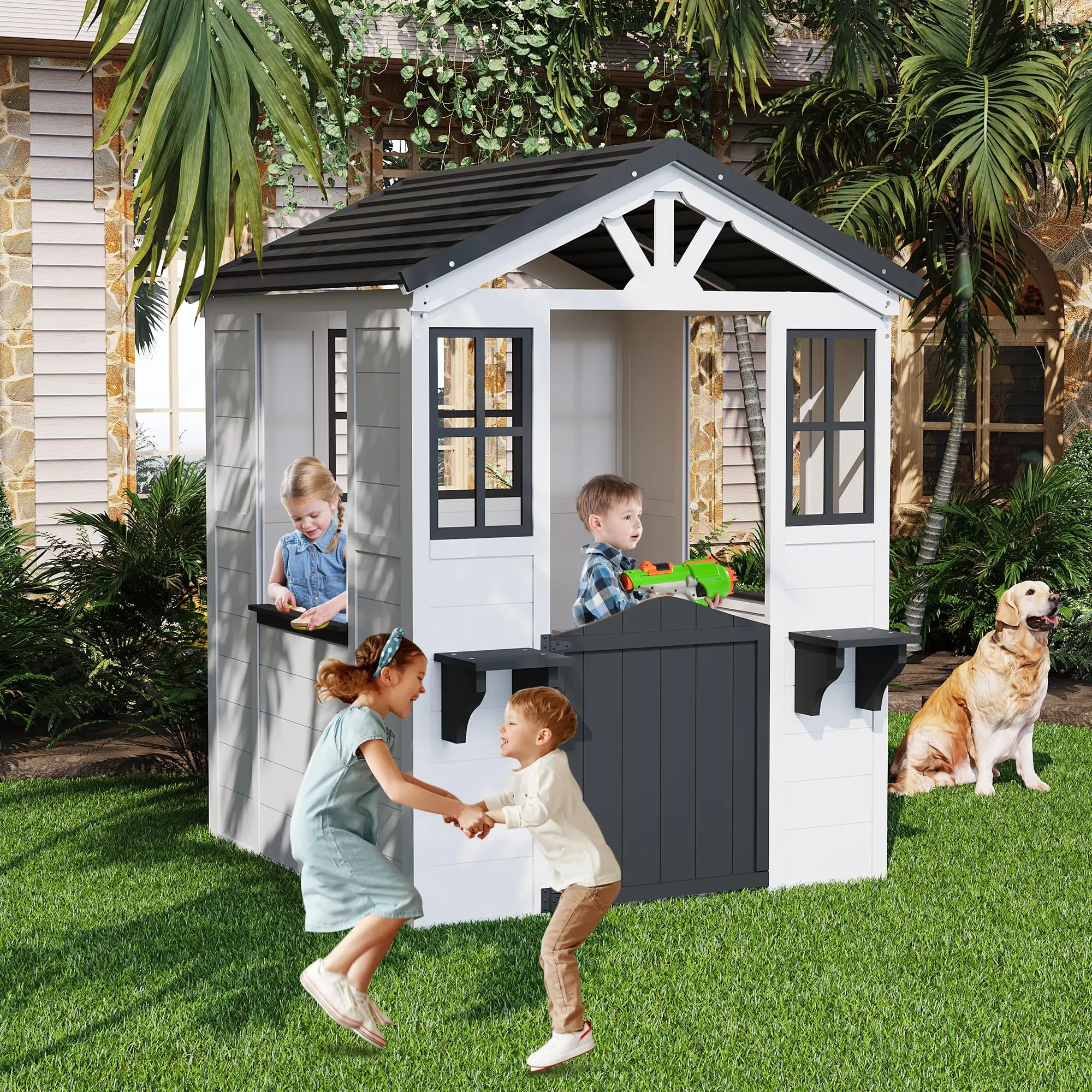 Wooden Outdoor Playhouse for Kids with Play Kitchen, Cedar Wood Cottage with Stove & Cookware. Waterproof, Durable, Spacious Indoor/Outdoor Toy House for Ages 3-12. Easy Assembly, Safe Materials. Perfect Backyard Gift for Boys Girls