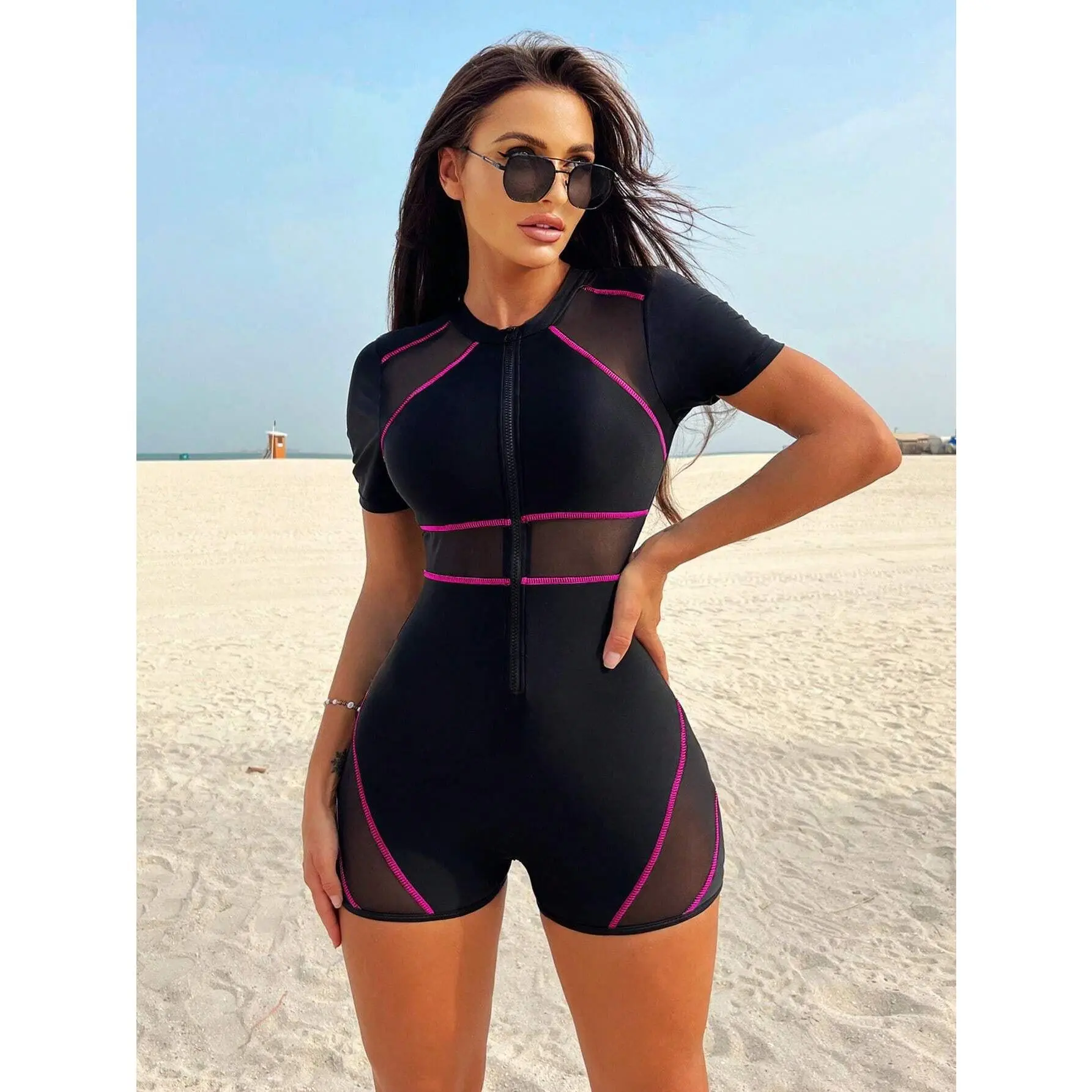 Women's one-piece mesh patchwork swimsuit, suitable for surfing and summer use, athletic competition swimsuit, one-piece surf suit with sun protection, women's swimwear.