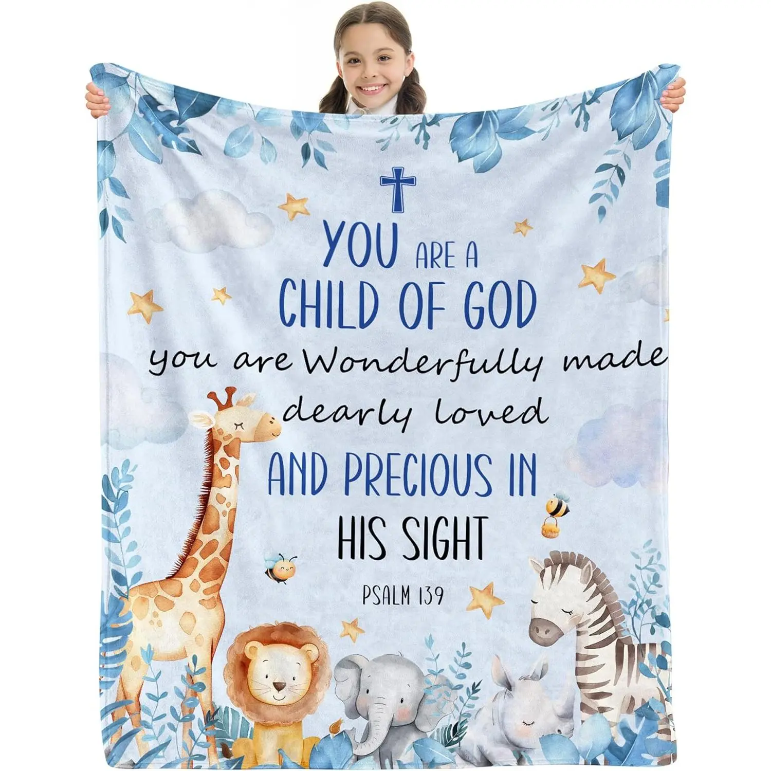 Catholic Baptism Christening Blanket for Boys - Slim Soft 1-Side Printed Christian Kids' Bedding Gift