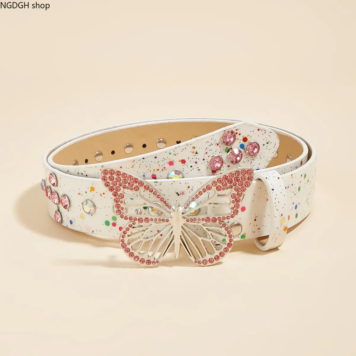 Female Butterfly Waist Belt - Trendy White Speckled PU Leather, Pink Rhinestone Butterfly Buckle, Adjustable Sparkling Waist Accessory for Jeans, Dresses (Sports & Outdoor Clothing Complement)
