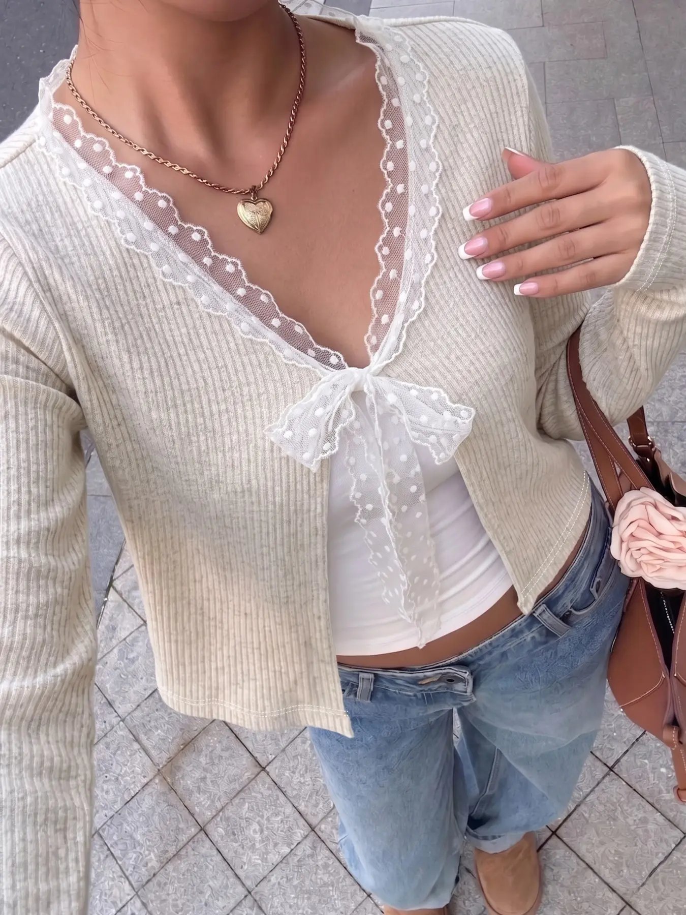 Women's Solid-Color V-Neck Long-Sleeve Cardigan (with Lace Bow Detail) — Lightweight Casual Knitwear