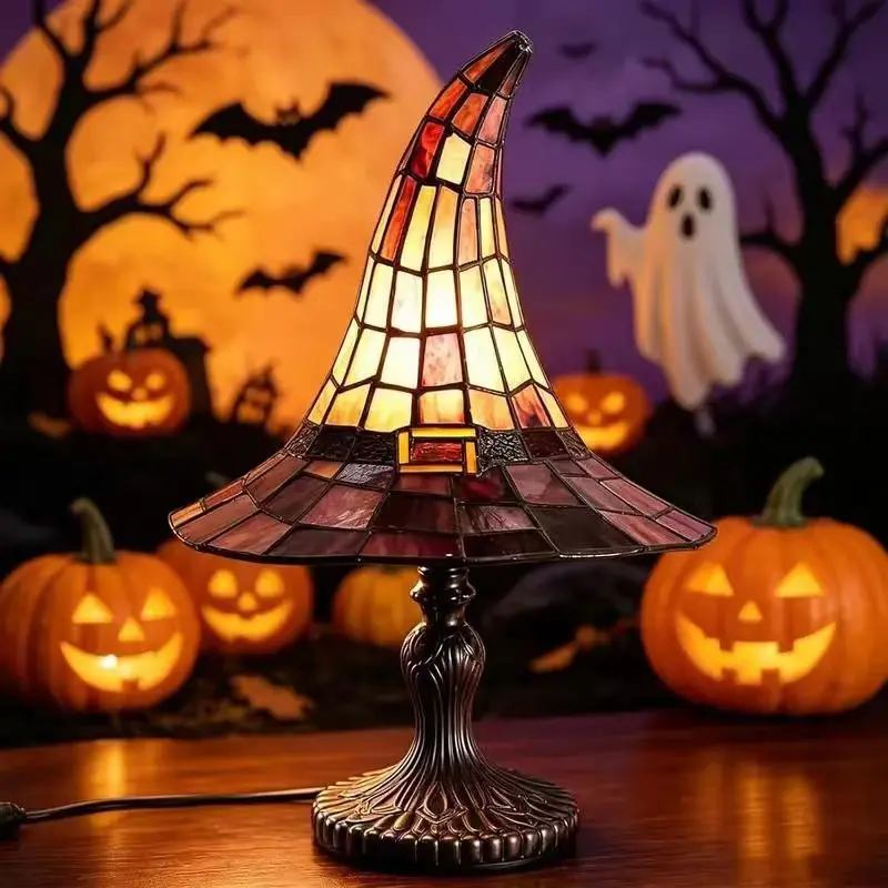 Hand-painted vintage resin witch hat decoration night light, powered by USB, with a gothic design, suitable for Halloween-themed decoration, and can be placed in various indoor spaces as a distinctive display item.