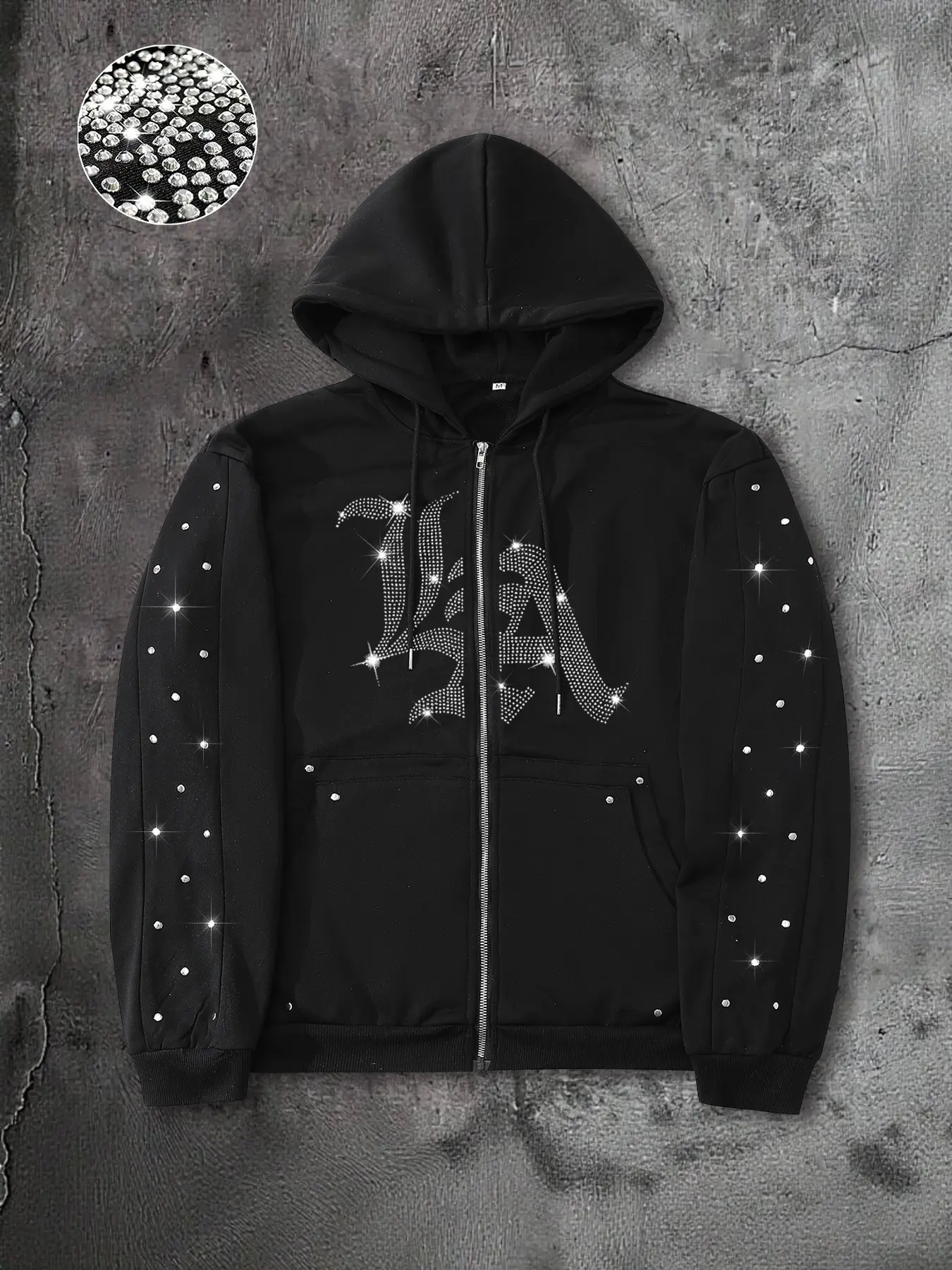 Men's Retro Trendy La Rhinestone Zipper Hoodie, Gothic Letter Rhinestone Pattern Hooded Jacket, Rivet Water Drill Long Sleeve Sweatshirt