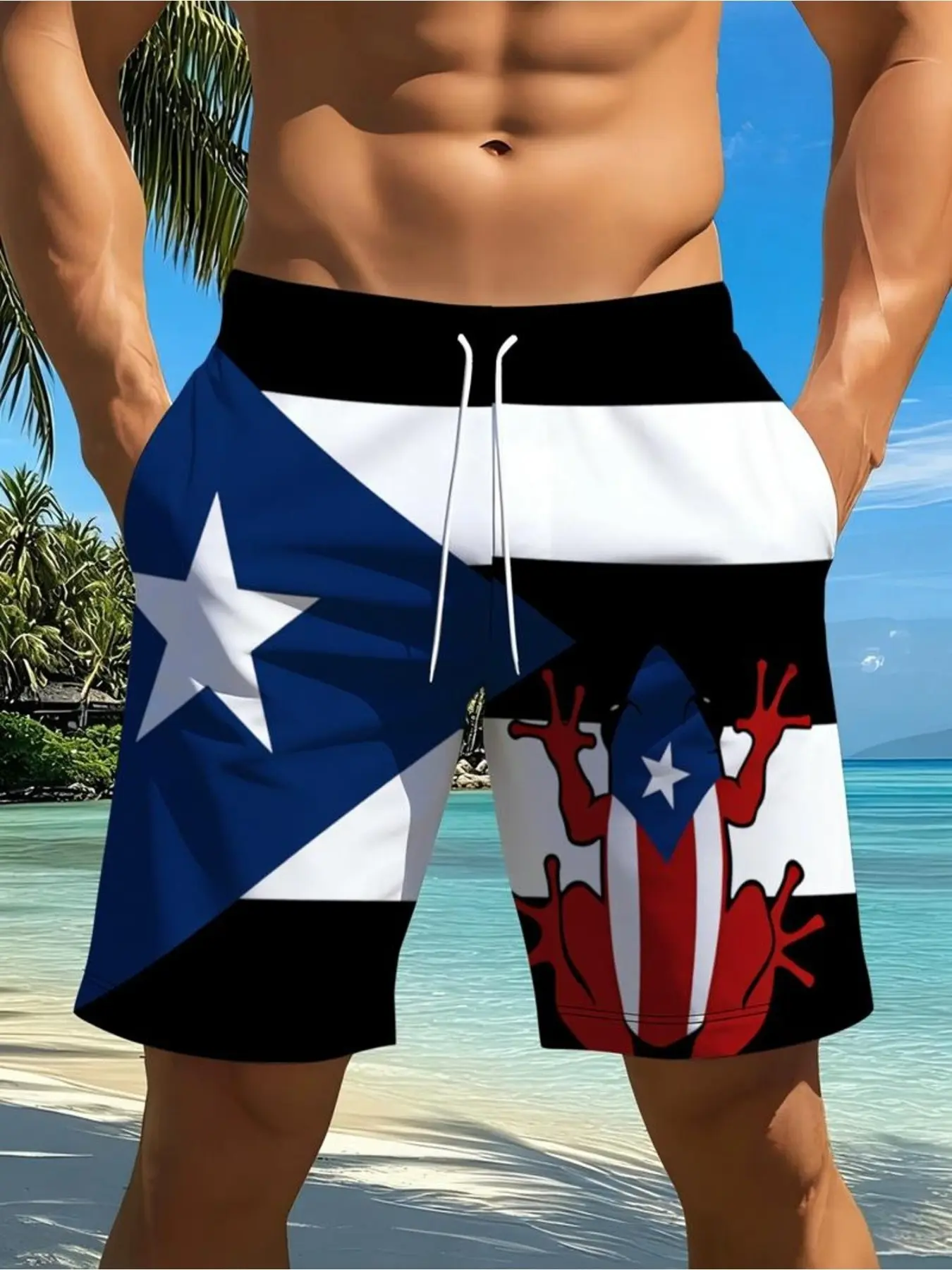 Men's Sporty Casual Beach Shorts, Puerto Rico Flag Inspired Design, Polyester Material, Mixed Colors, Multiple Sizes, Tropical Summer Wear