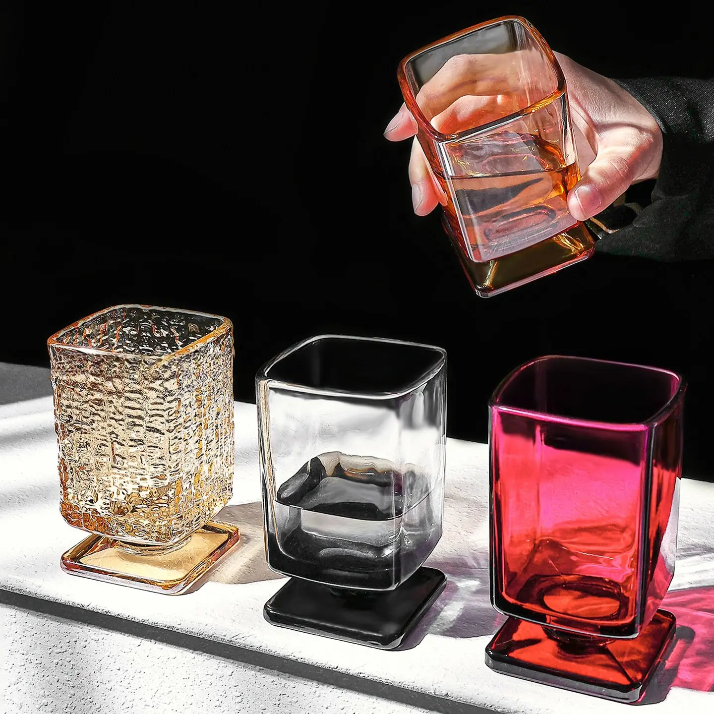 Vintage Square Colored Glass Cup Clear Textured Whiskey Tumbler Retro Barware Highball Cocktail Glasses Drinking Mug For Juice Water Milk Soda Beverage Ice Coffee Home Kitchen Dining Counter Restaurant Cafe Decor Essentials