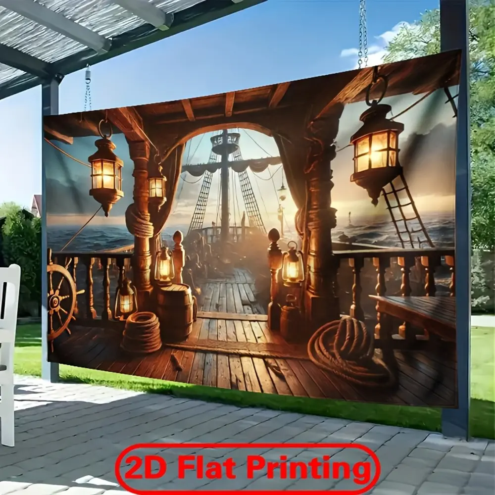 2D Flat Banner, Vintage Nautical Pirate Ship Deck Themed Polyester Photography Backdrop, HD Digitally Printed Decorative Indoor Soft Lightweight Foldable Cloth, for Product Photography, Event Decor, Hd Print, Birthday