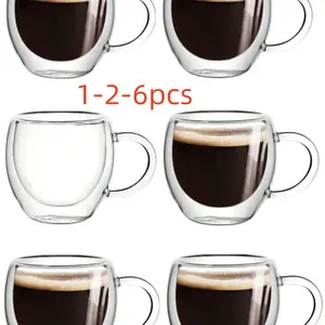1-2-6 pcs double-walled espresso mugs with handles, glass mugs Drinkware. 2.8 oz clear espresso mugs, insulated, heatproof, reusable. Suitable for Beverage, tea, milk, latte, espresso. Unique birthday and Christmas Gift Option. Espresso Coffee Cups