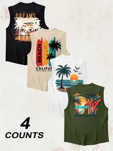 4 Pack Men's Oversized Sleeveless Tank Top, Vintage, Tropical California Malibu Beach Palm Tree Sunset Back Graphic Print Muscle Vest, Breathable Loose Fit Surf Sleeveless Tee for Beach Vacation Surfing Gym Summer Casual Outfits, 4 Colors Available