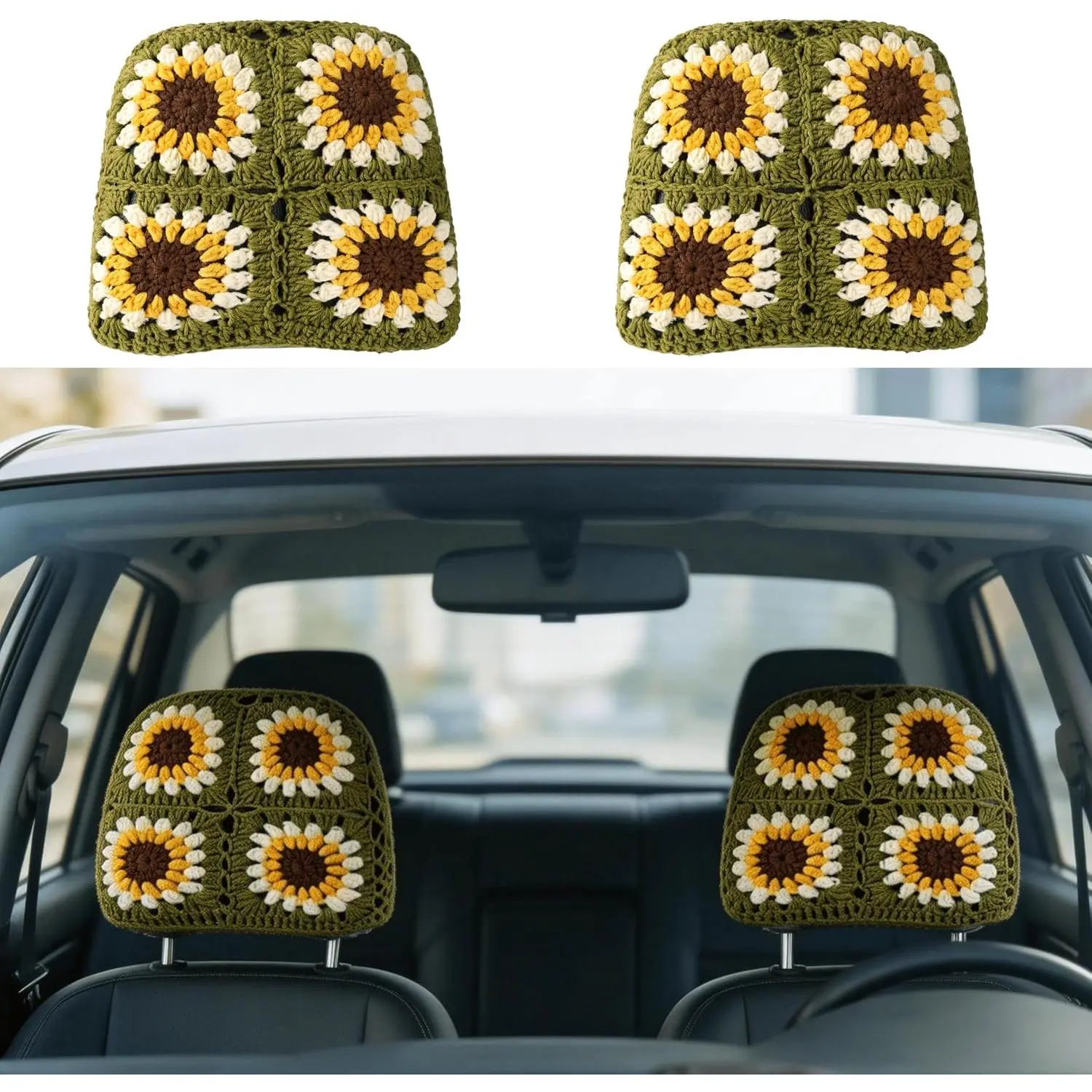 2 Pcs Crochet Sunflower Car Headrest Covers, Aesthetic Boho Granny Square Knitted Headrest Protector, Cute Car Interior Accessories for Women, Universal Fit Sedans, SUVs, Trucks (76-Sunflower)