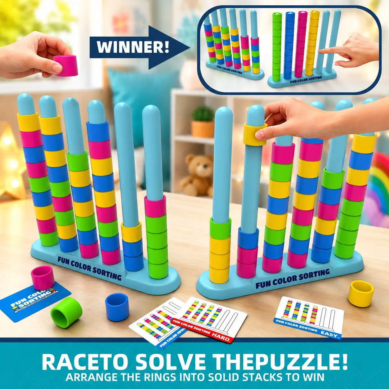 2-Player Color Sorting Stacking Game Set, 40 Color Rings, 50 Challenge Cards, Montessori Educational Toy, Fine Motor Skills, Ages 3-8