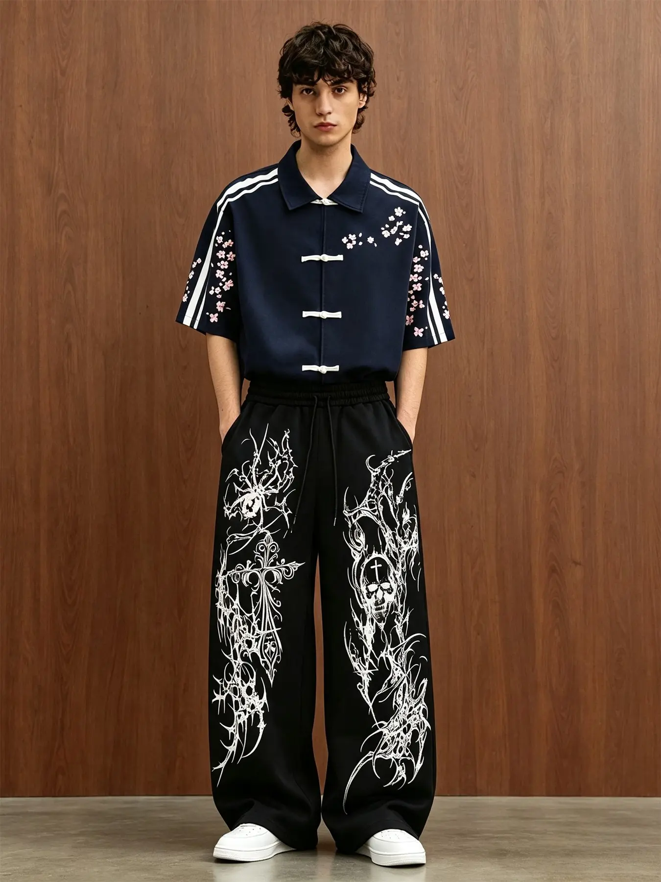 Loose Two-Piece Set, Cherry Blossom Floral Short Sleeve Top, Gothic Pattern Wide Leg Pants, Casual Streetwear
