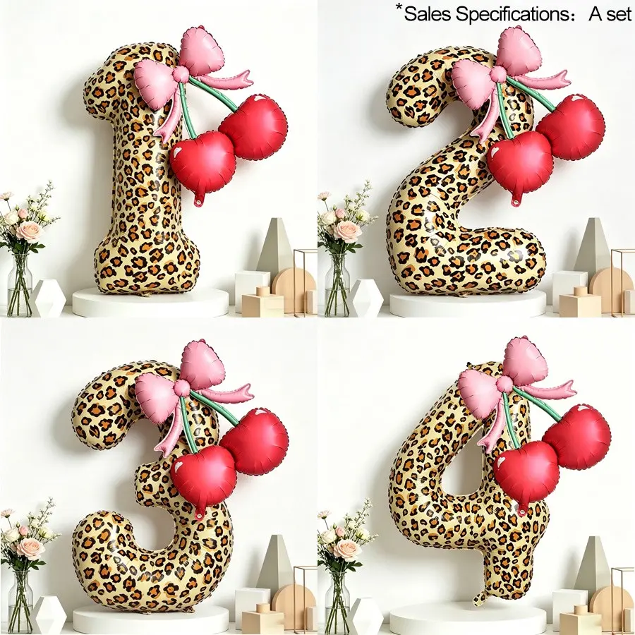 3pcs/set 40 inch leopard print digital cherry bow Party Balloons set with 10 pieces of adhesive, perfect for weddings, birthdays, anniversaries, bachelorette parties, graduation parties, leopard print main party decoration, Birthday Decorations