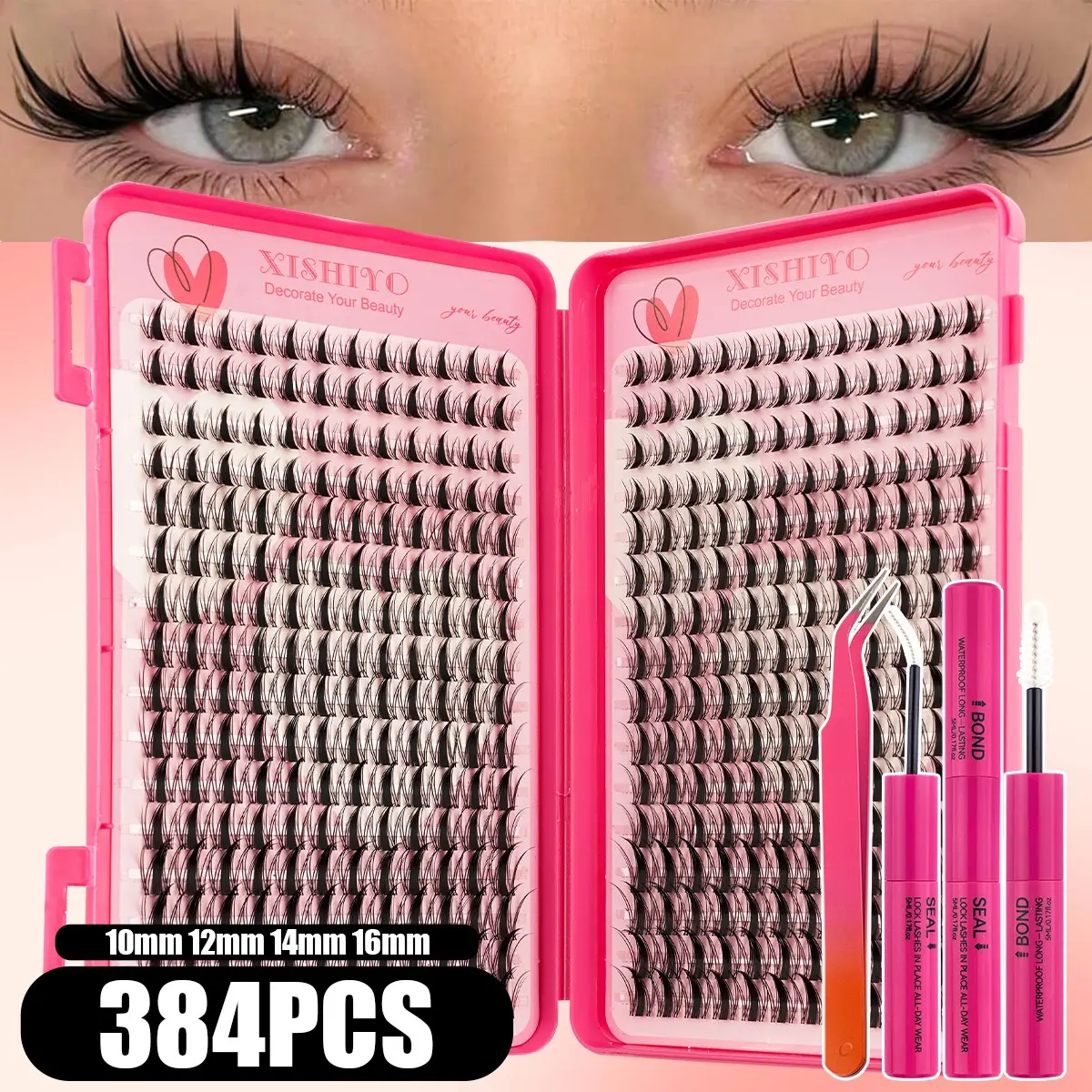 [Anime Style] 384PCS D Curl DIY Lash Cluster Kit with Glue & Tweezers, Spiky Fairy Wet Look Cat Eye, Clear Thin Band, Natural Lightweight, Beginner Friendly, Waterproof Sweatproof Long-Lasting for Daily Date Party Cosplay Xmas Halloween Makeup