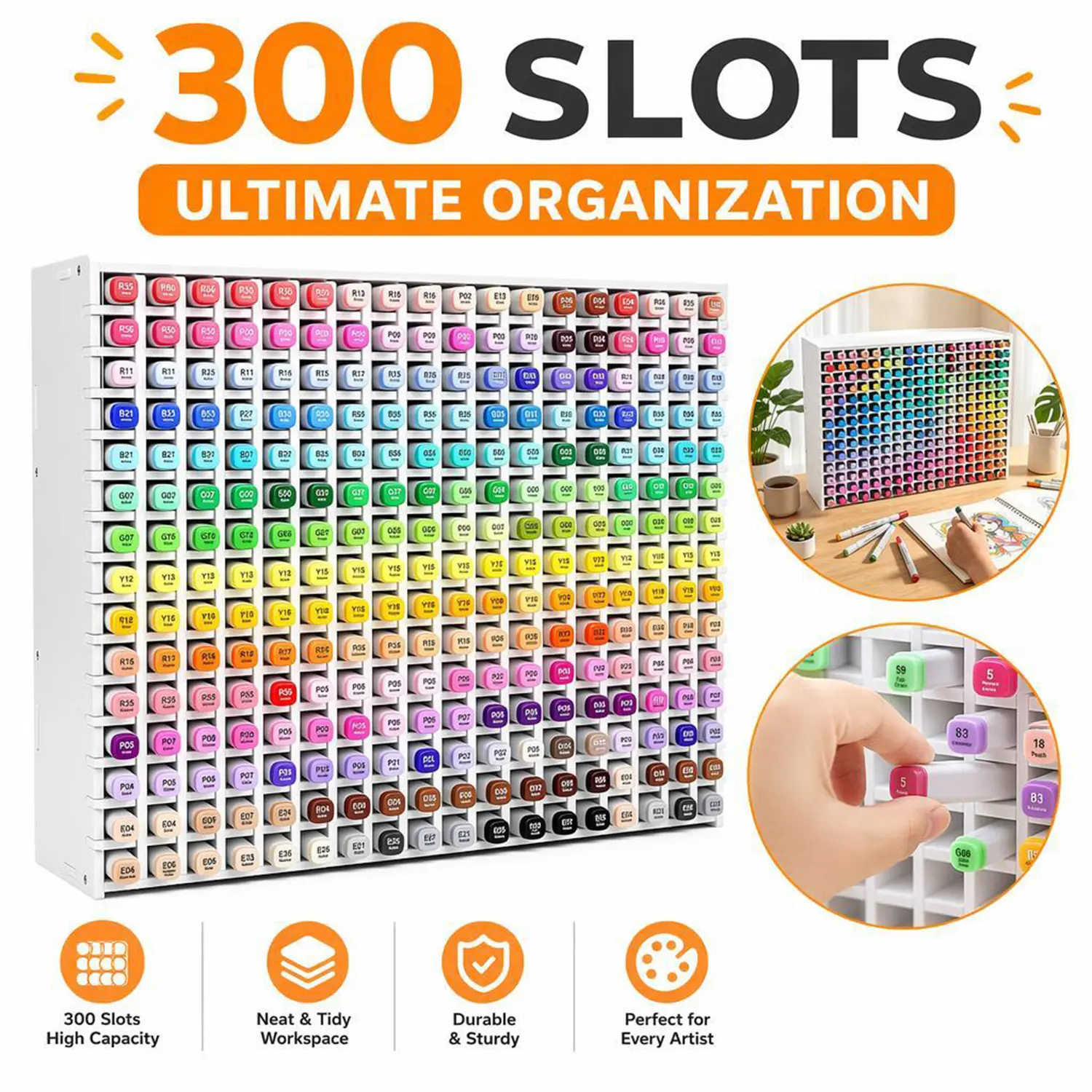 300 Slots Marker Organizer Holder, Detachable Grid Marker Storage Rack, Large Capacity Desk Art Supply Caddy for Markers Pens Pencils, Artist Drawing Pen Storage Box