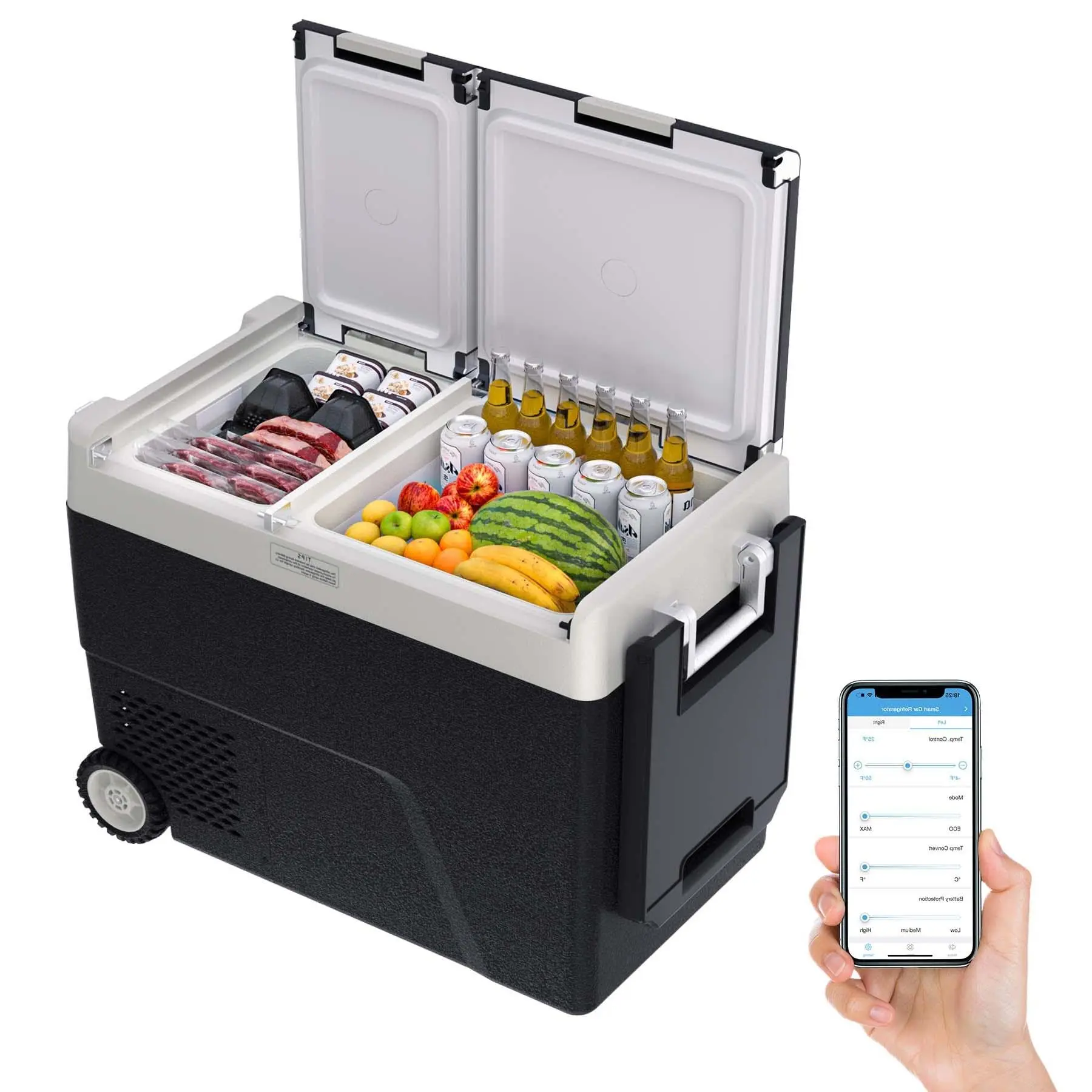 Dual Zone 12V Car Refrigerator Freezer -4℉~68℉, Portable Electric Cooler with Wheels, APP & AC/DC Control for Camping, Road Trips, RV, Truck, Home - Black