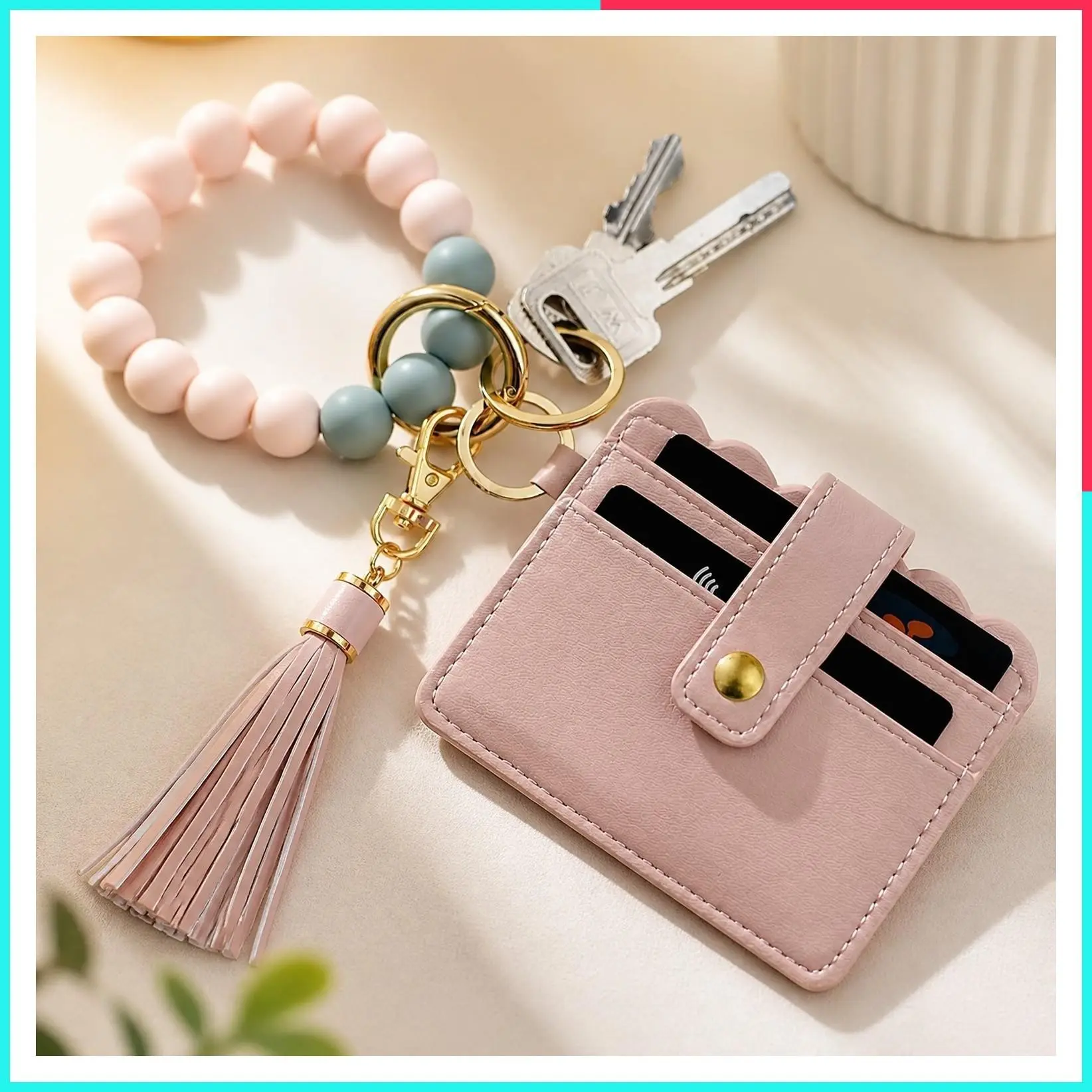 Women's Keychain Wallet Wristlet with Credit Card Holder, Bracelet Key Ring, Tassel Beaded Bangle Purse Charm