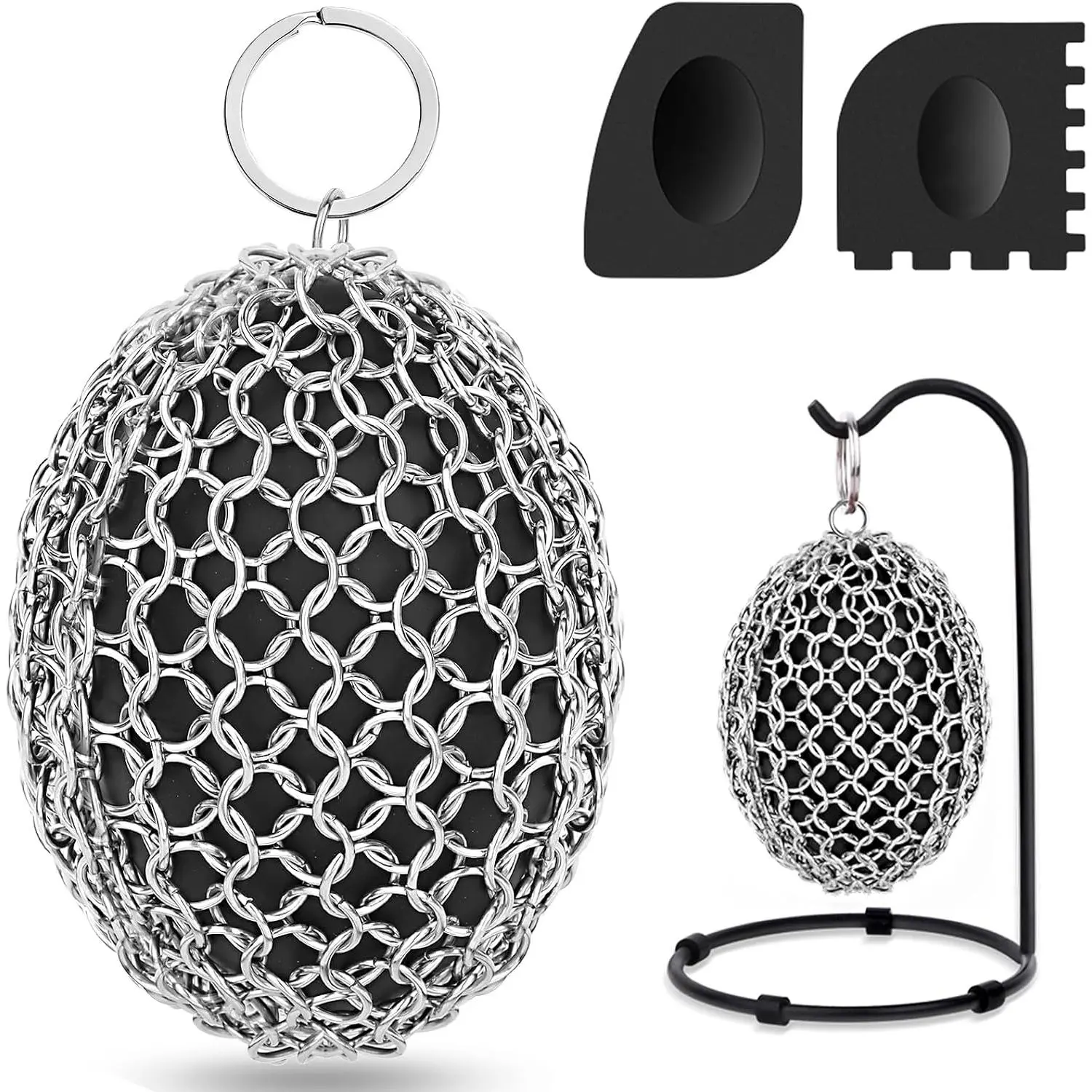 Cast Iron  Chainmail, 316 Stainless Steel Pot Cleaner with Pan Scraper, Heavy Duty Rust Remover for Cast Iron Skillet, Grill, Dutch Oven – Dishwasher Safe, Heat Resistant Kitchen Cleaning Tool