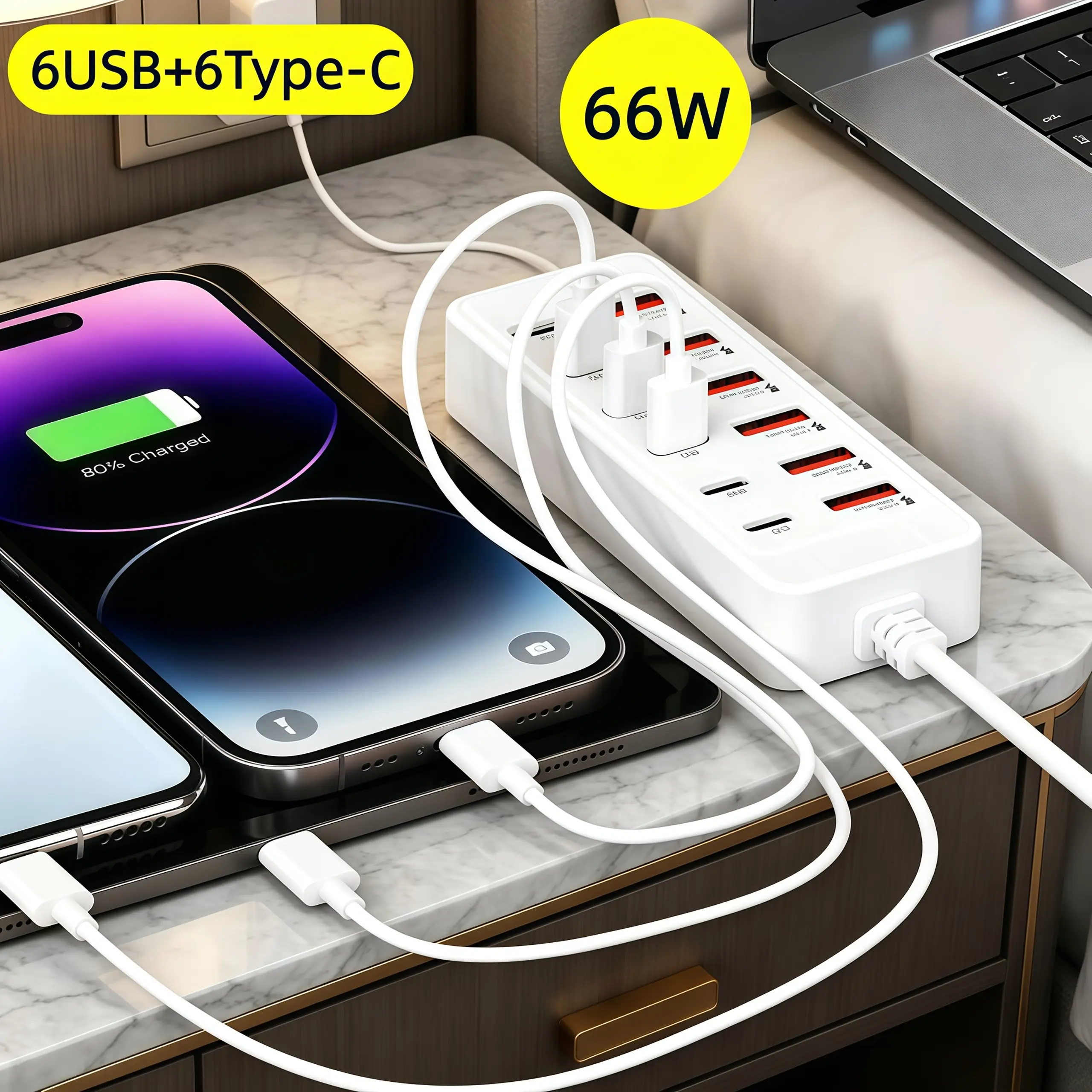 1pc 12-Port Desktop Charging Expansion Dock, 6USB+6Type-C Multi-Port Charging Hub, PD Fast Charging Smart Charging Station, Fireproof and Overcharge Protection, Desktop Organizer for Multi-Device Simultaneous Charging, Back to School, Home Dorm