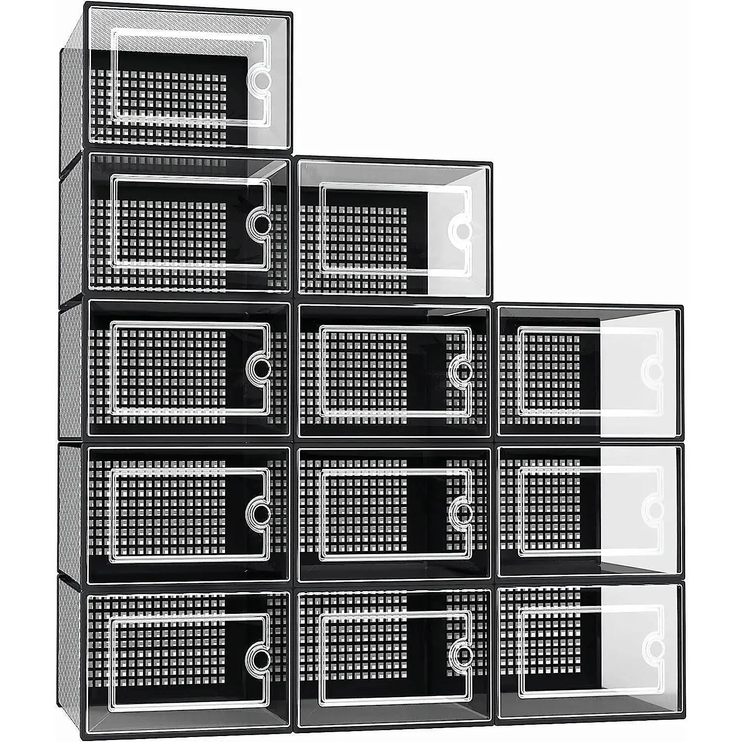 X-Large Shoe Storage Boxes Organizers Clear Plastic Stackable 12 Pack, Shoe Rack & Holder Substitute, Sneaker Containers, Toy Storage Organizer Bins for Entryway, Closet, Under Bed, Black