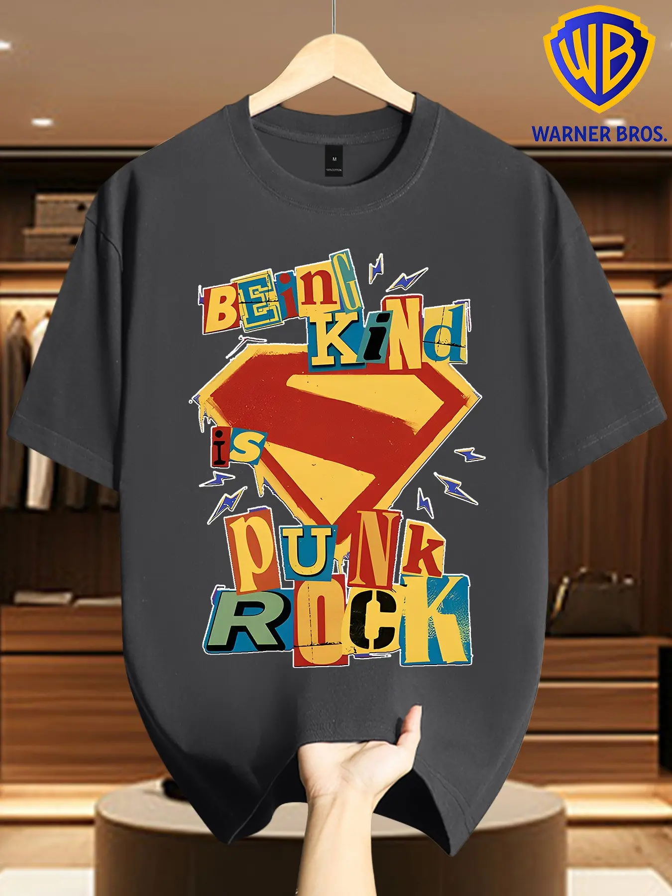 Warner Bros Superman Patchwork Print T-Shirt, Kindness Punk Rock Pattern, Casual Retro Streetwear, Long Sleeve Unlined Top