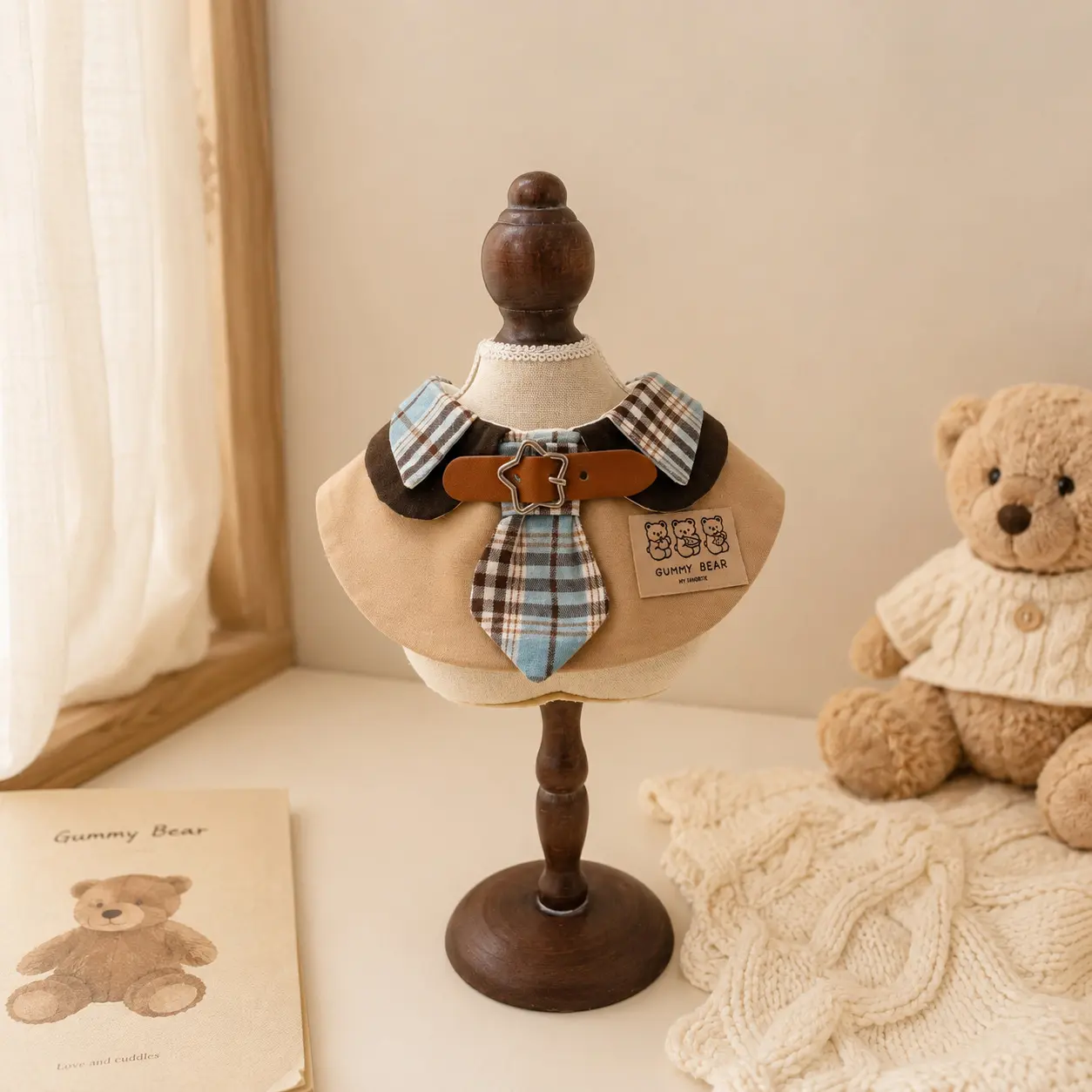 Milky potato Korean-style bear pet bib with double bow ties, high-quality cat and dog bib, cute drool towel and neck scarf