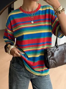 Ultra Soft Breathable Cotton Blend Vintage Rainbow Stripe Crew Neck Oversized Loose Short Sleeve Streetwear/Summer Retro Graphic T-Shirt, Relaxed Fit Hide Belly Basic Tee For Women Trendy Y2K Aesthetic Top, Lightweight Comfortable Everyday Striped Blouse