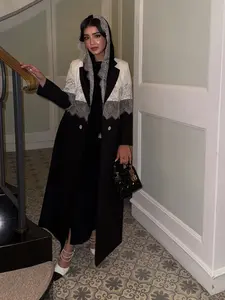 Elegant Block Lace Patchwork Long Coat, Double Button Outerwear for Events and Commute, High-End Women's Fashion Clothes