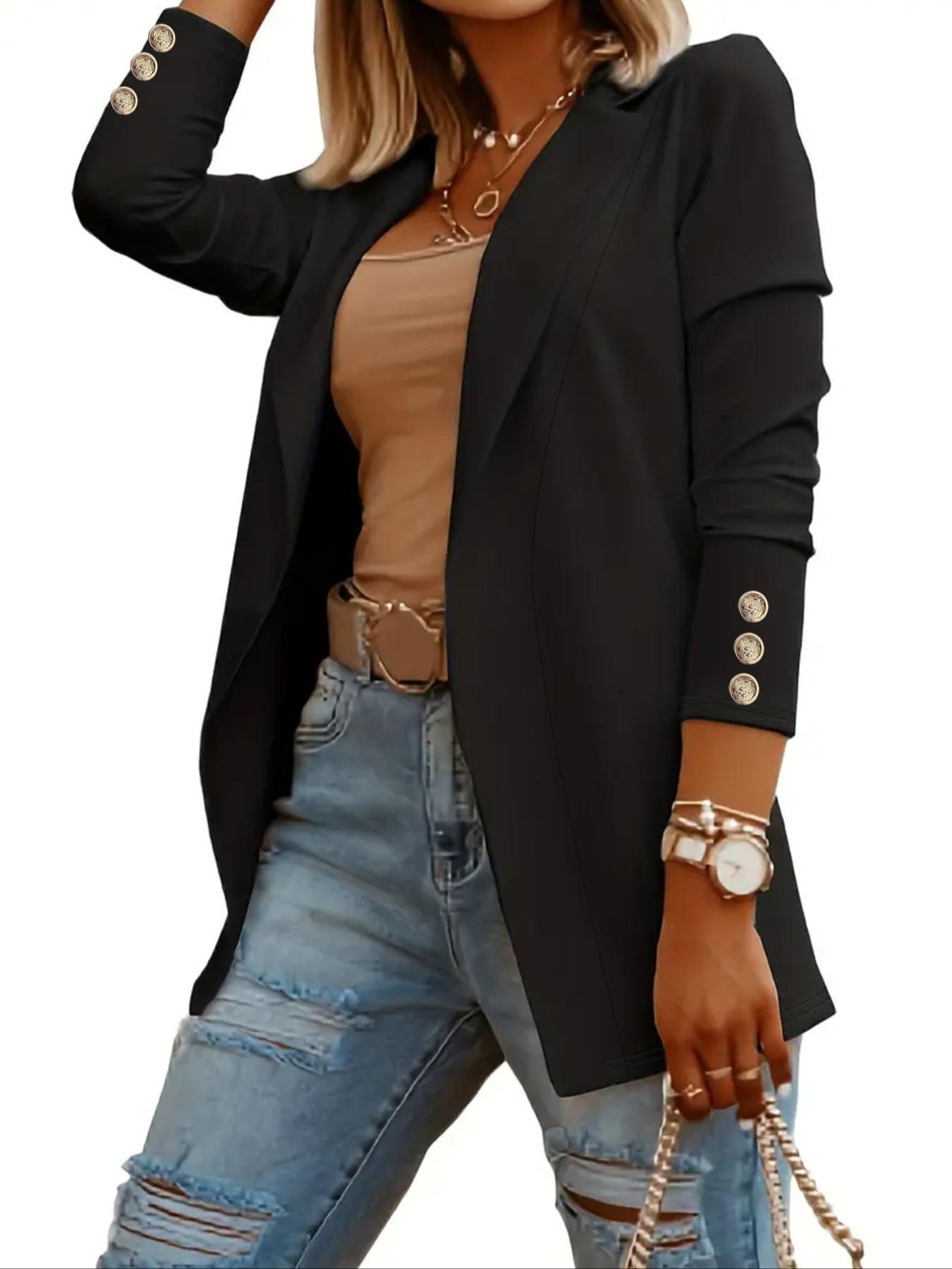 Women's Solid Button Lapel Neck Open Front Fitted Instant Classic Blazer, Casual Long Sleeve Outerwear for Spring & Fall, Ladies Clothes for Work Office Business Womenswear