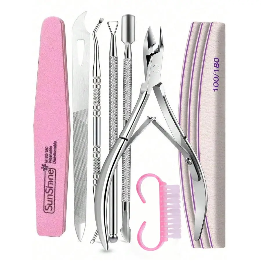 10pcs,Portable Manicure & Pedicure Set, Nails Supplies, Nail Supplies For Nail Techs, Professional Nail Care Tool Kit Includes 100/180 Grit Sandpaper, Buffer Block, Nail Buffers, Nail Clipper, Cuticle Pusher & Nipper, Complete Nail & Toe Care Tools