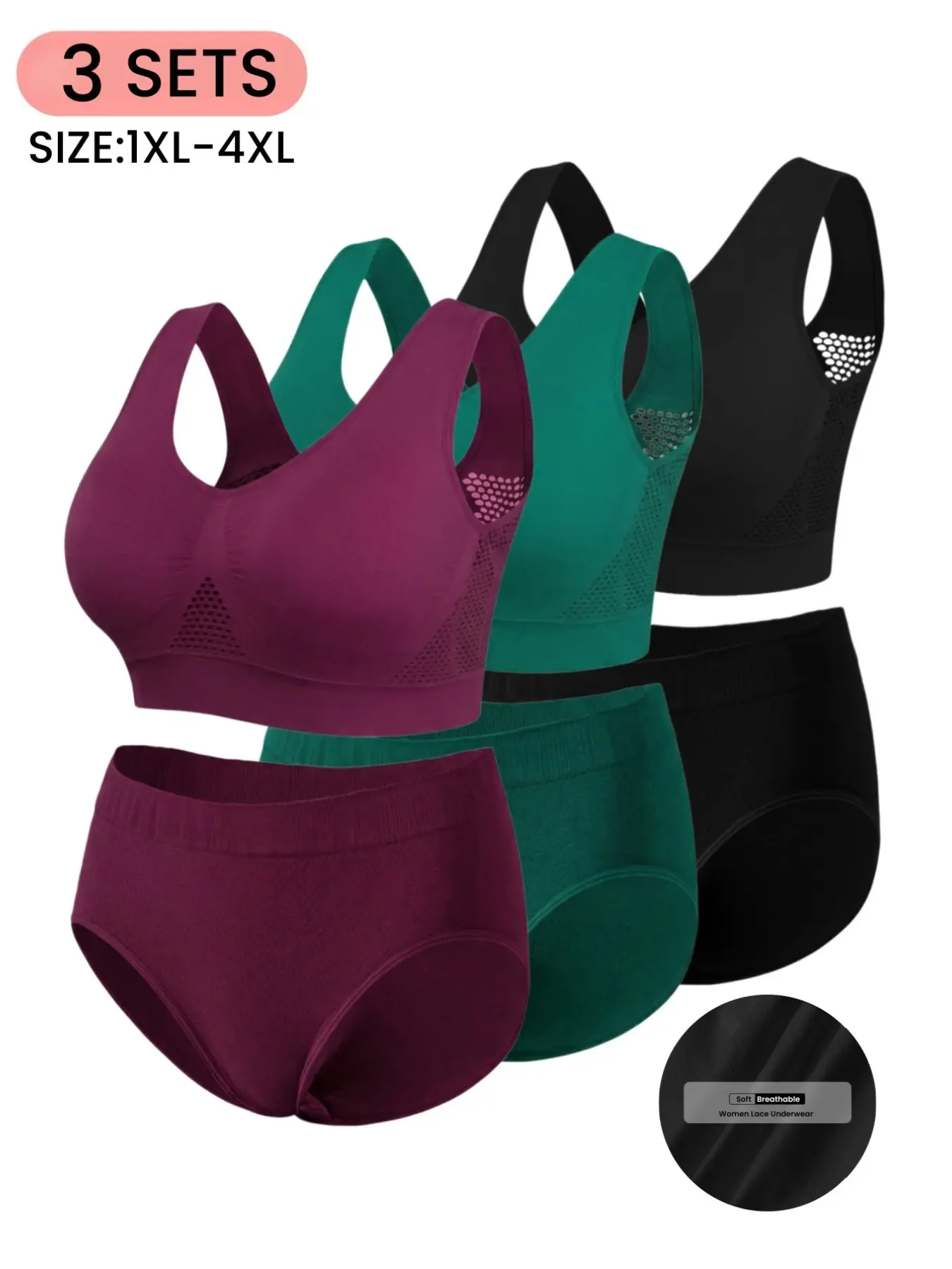 1/3 Sets Plus Size Women's Seamless Cami Sets with Wide Straps Bra No padding and Comfortable Mid-Rise Stretch Triangle Panties, Soft Skin-Friendly Loungewear for All Seasons,Daily & Sleep Wear,Basic Underwear Outfit