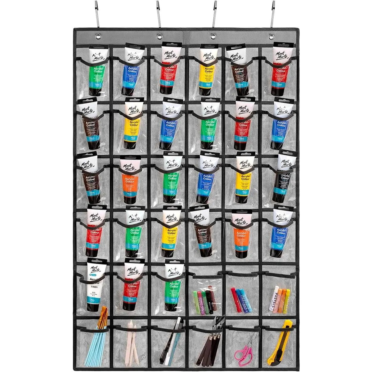 Tubes Organizer Over the Door Art Supplies Storage Markers 36 Pocket Holder for Pastels Crayons Brushes Tools (Grey)