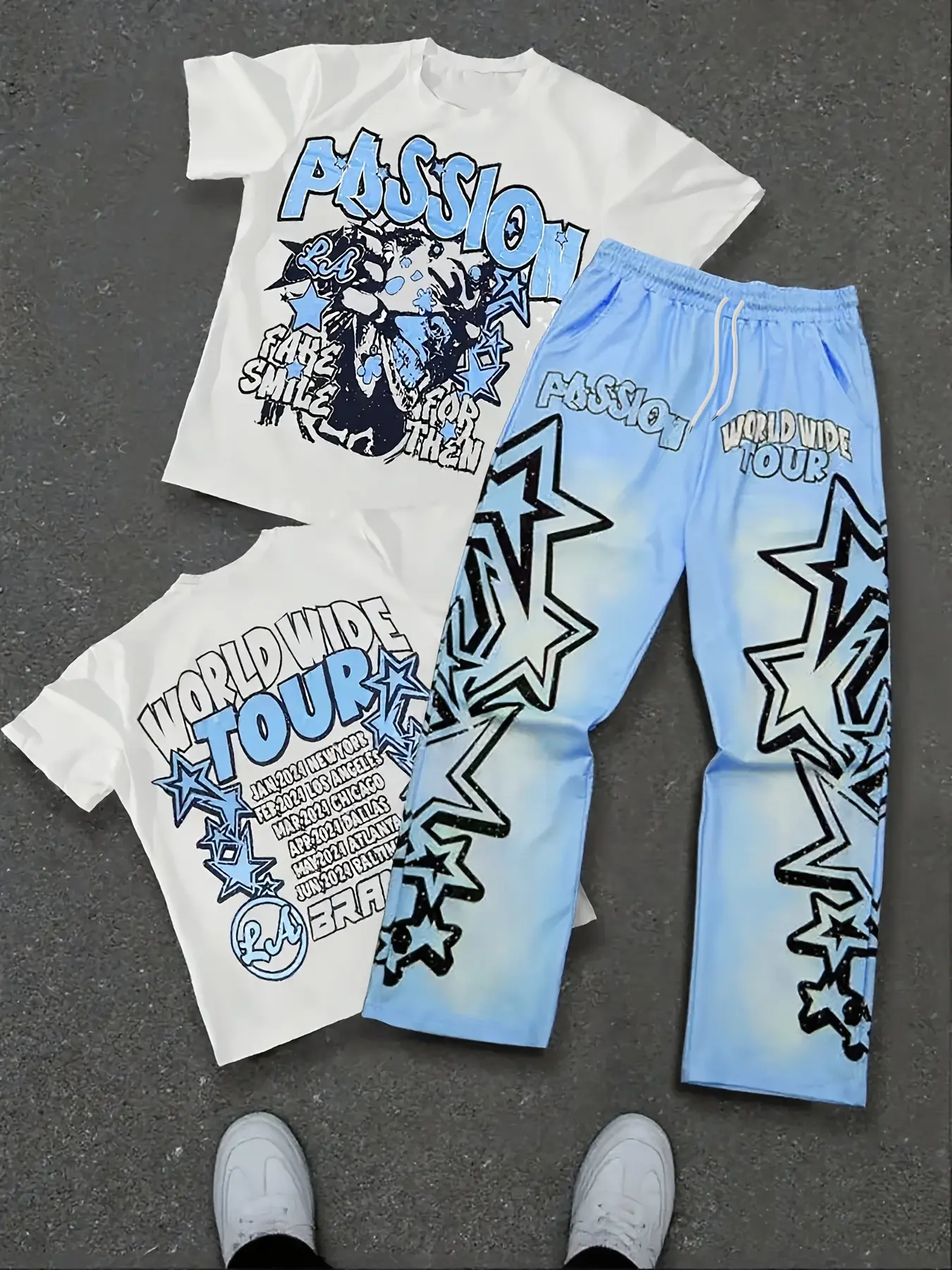 Men's Short Sleeve T-Shirt and Long Pants Set, Street Fashion Round Neck Tee, Casual Drawstring Sports Pants, All Seasons 2-Piece