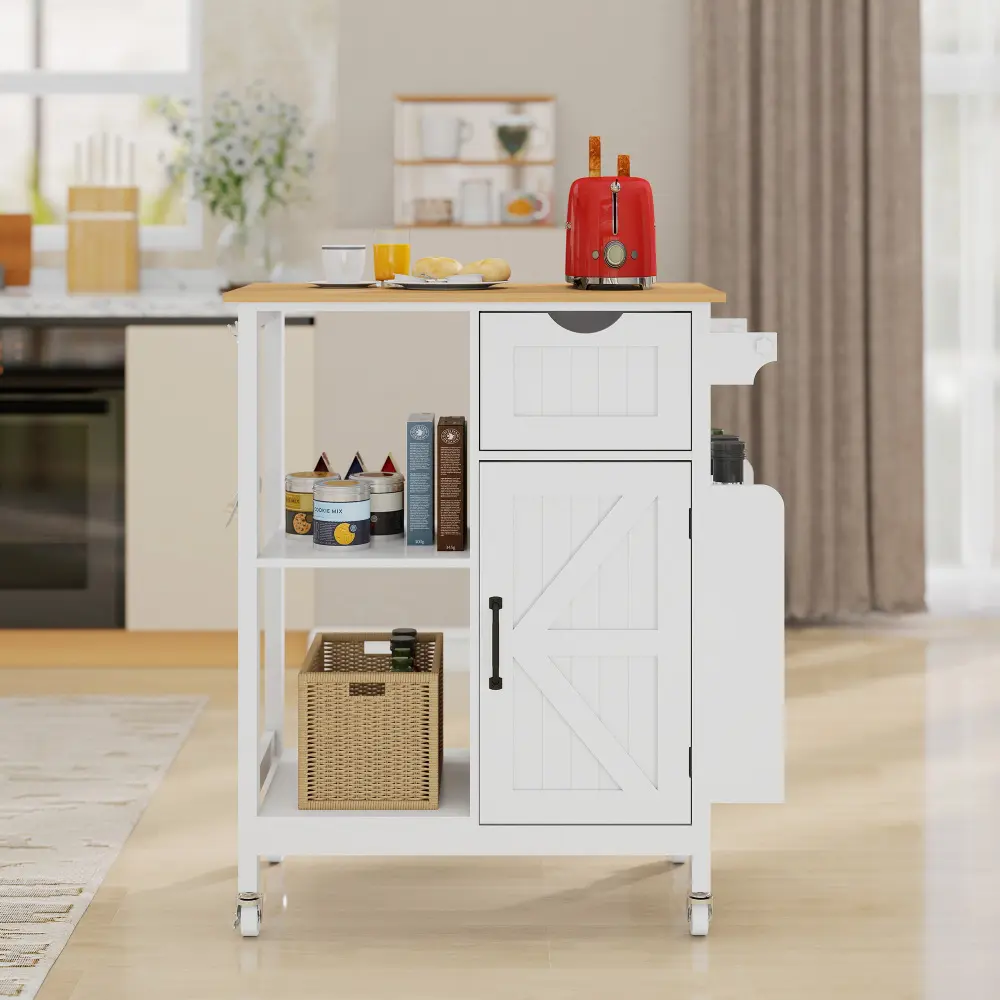 Kitchen Island Cart with Storage Cabinet, Rolling Kitchen Cart on Wheels with Drawer, Spice Rack & Towel Rack, Mobile Kitchen Island Table, Portable Serving Cart, Utility Storage Cabinet for Kitchen, Dining Room, Pantry, White