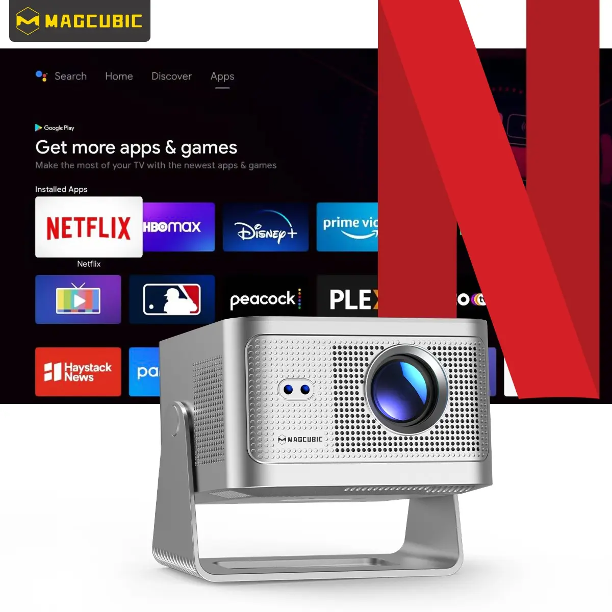 Magcubic Hy350gt Multi Function Home Video Projector with Google TV Stick, 900ansi, Dolby Audio, Auto Focus, 15w Speaker, Hdr10+, Bt5.1, Dual WiFi, 1080P, Portable Smart Home Cinema
