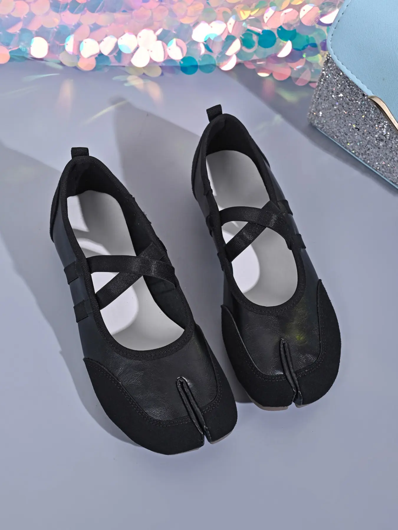 Women Retro Tabi Split Toe Cross Ribbon Ballet Flats, Flat Shoes, Patchwork Lightweight Daily Walking Fashion Footwear, Black Red Yellow Silver