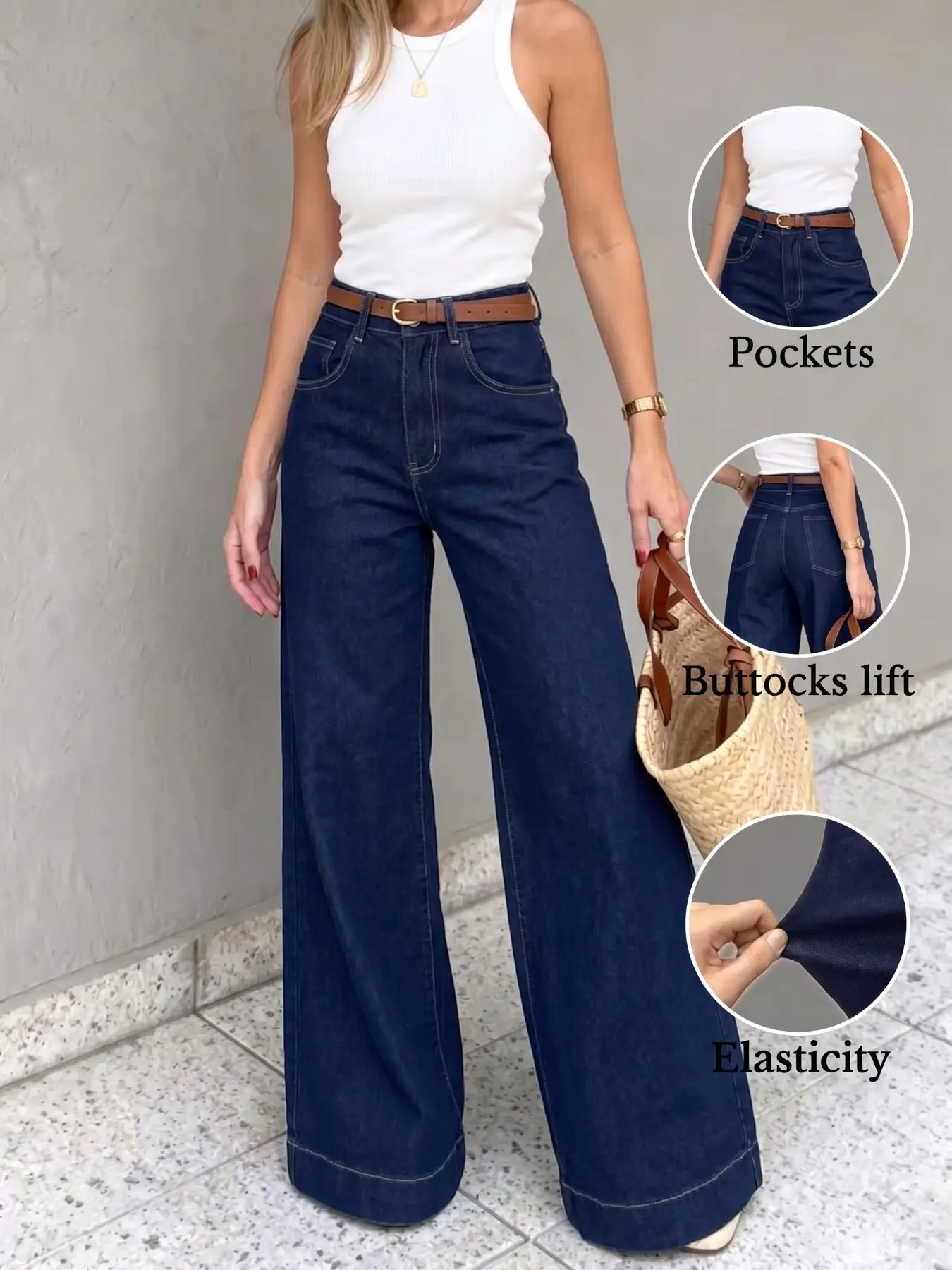 Women's High Waist Wide Leg Jeans, Loose-Fitting Deep Blue Denim Woven Jeans, Long Straight Leg, Fashionable All-Season Wear Bottoms