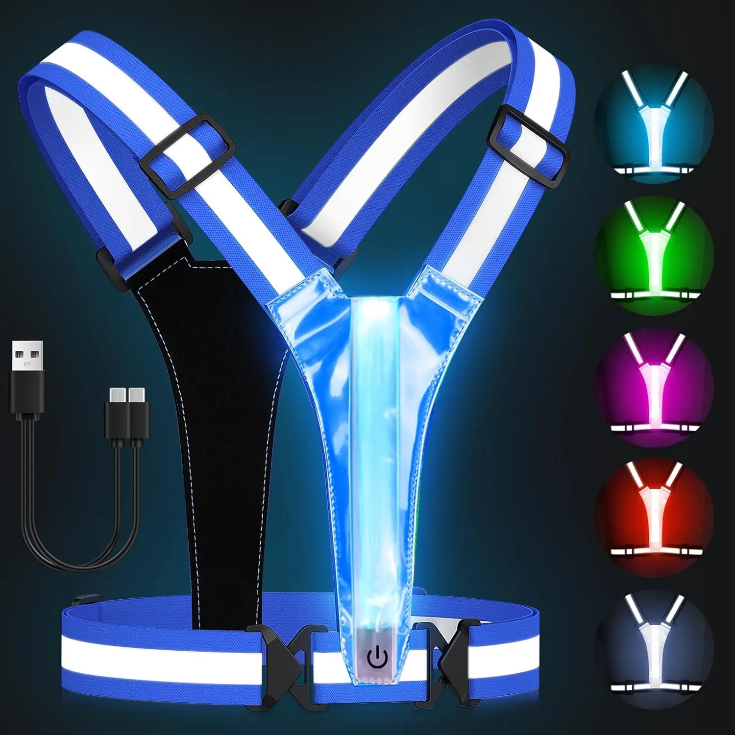 LED Reflective Vest Running Gear, 5 Lights Colors High Visibility Reflective Running Gear Rechargeable Light Up Running Vest for Walking Running Cycling, Adjustable for Men Women Kids