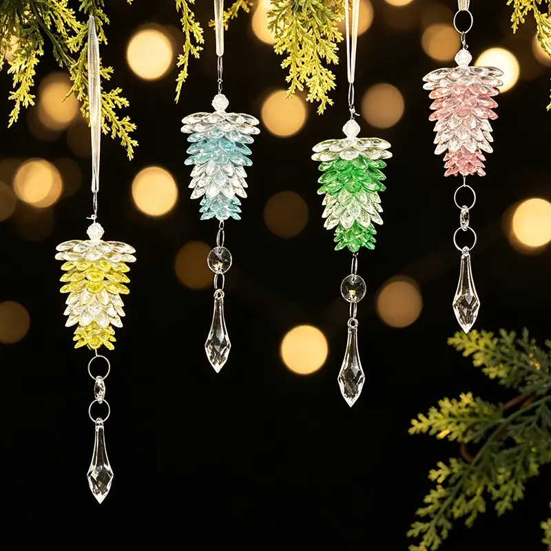 Christmas decoration acrylic pine cone hanging ornament, simulated pine cone pendant, transparent crystal small tree decoration, suitable for Christmas tree decoration, window display decoration, door curtain decoration, and curtain decoration
