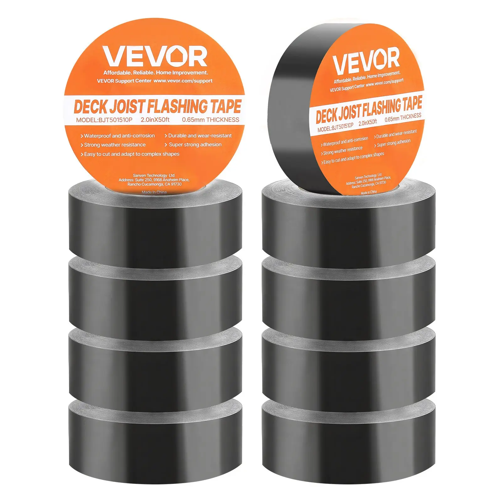VEVOR Butyl Joist Tape, 10 Pack, 2 Inch x 50 ft, 0.65 mm Thick, 18.25 lbs Weight, Weather-Resistant Self-Adhesive Flashing Tape, Easy-to-Peel Protective Film, Flexible Cutting, Black for Construction Decks Beams
