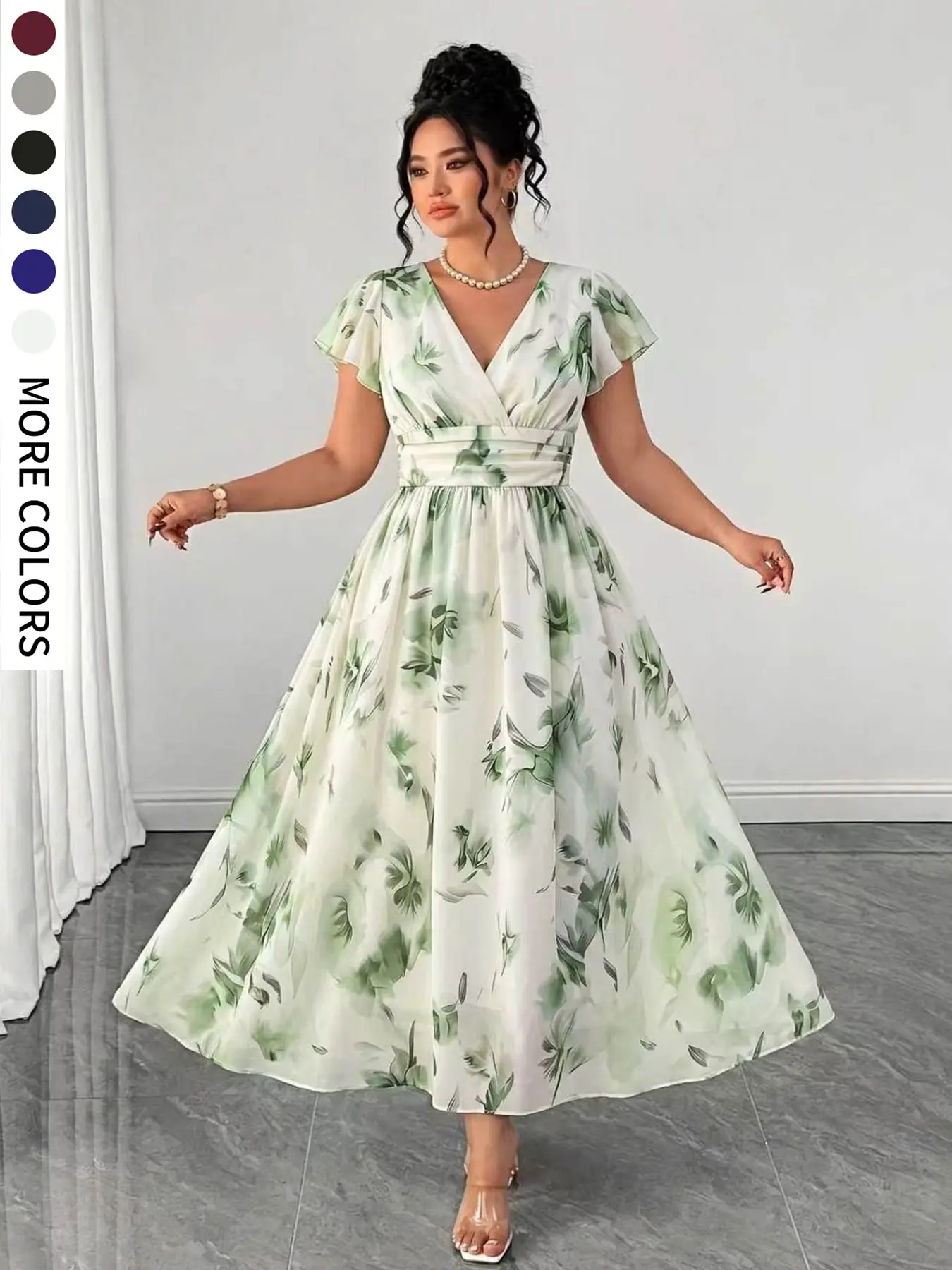 Women's Plus Size Floral Leaf Print Short-Sleeve A-Line Dress, V-Neck Waist Cinched Design, Elegant Dress for Party, Date and Wedding, Elegance