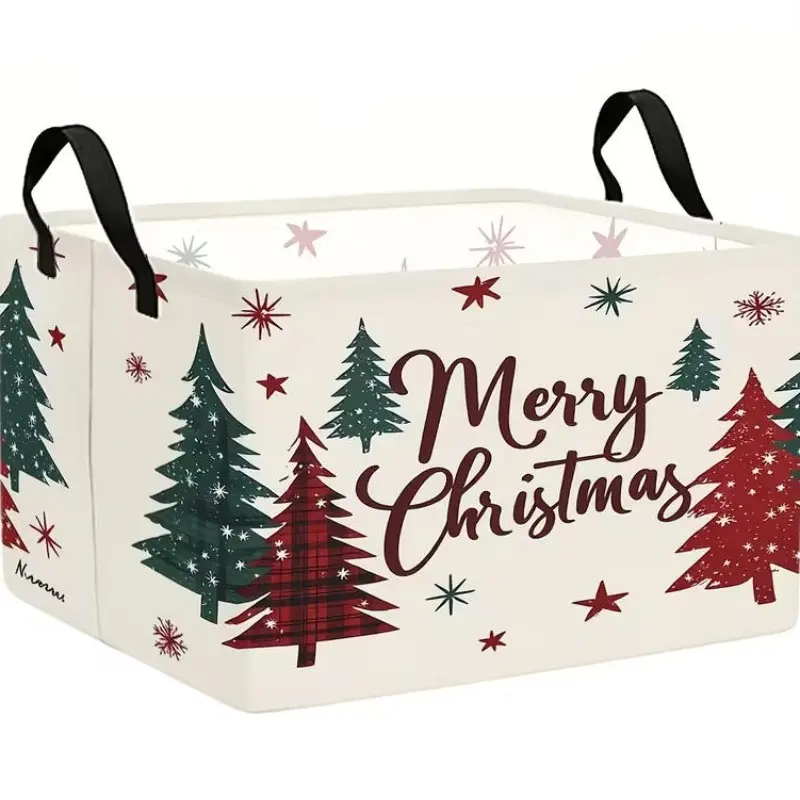 Canvas Merry Christmas Storage Bin, Large Capacity Foldable Basket, Christmas Tree Print, Holiday Home Organization, Multiple Sizes