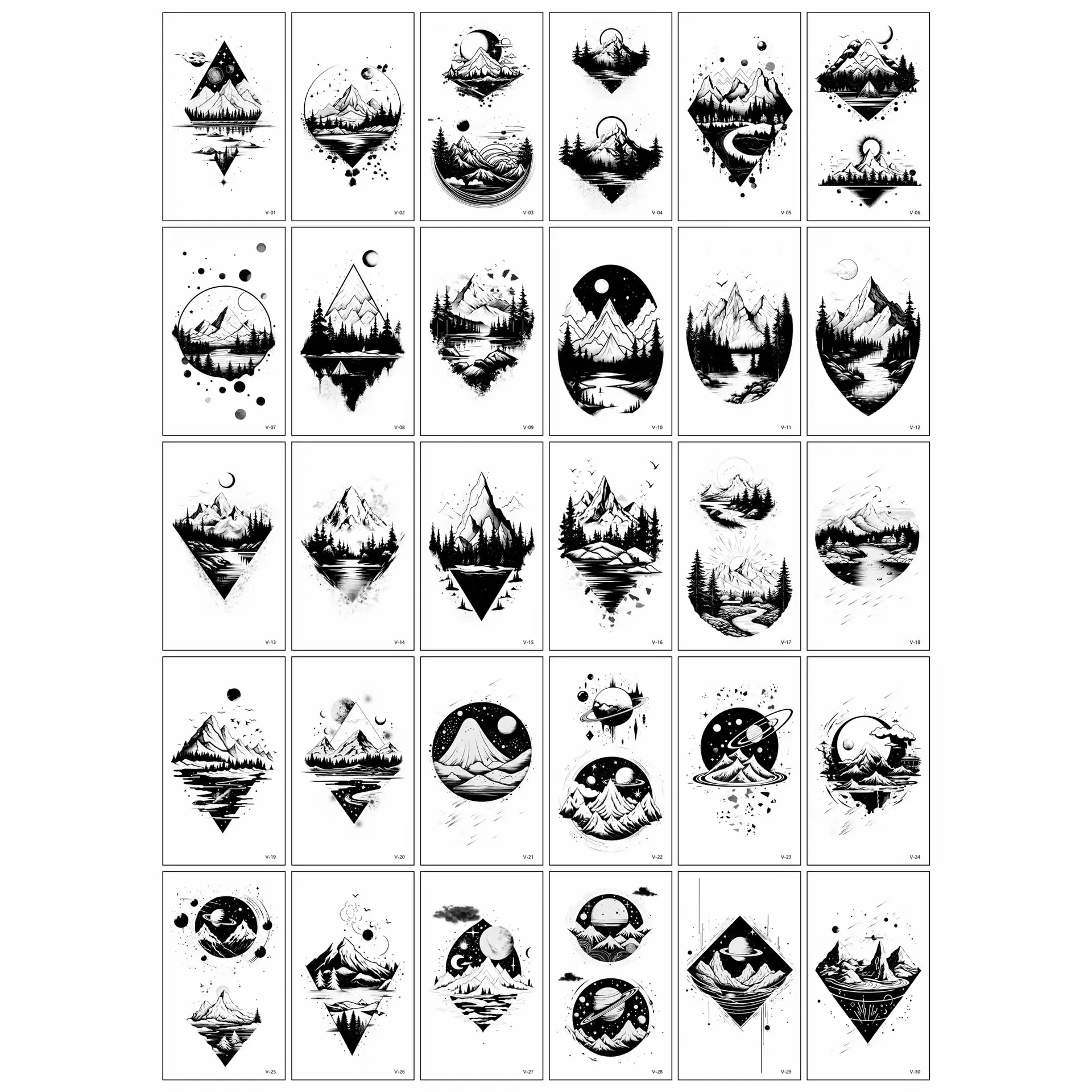 30Pcs Cool Black Mountain River Fake Tattoos, Waterproof Long Lasting Small Personalized Temporary Tattoo Stickers