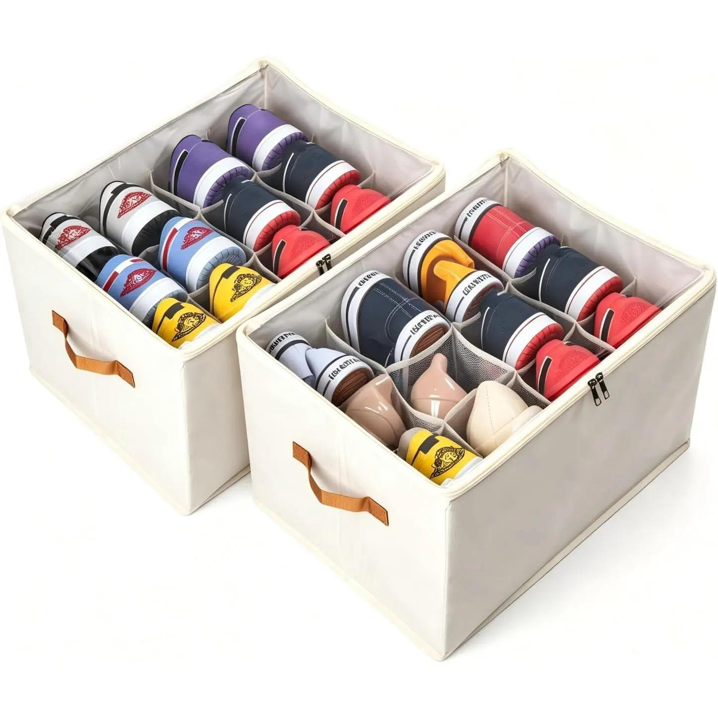 Shoe Organizer for Closet, 2 Pack Foldable Shoe Containers, Fits up to 12-24 Pairs, Shoe Organizer Box Cubby Baskets Bins with Clear Cover and Reinforced Handles, Black
