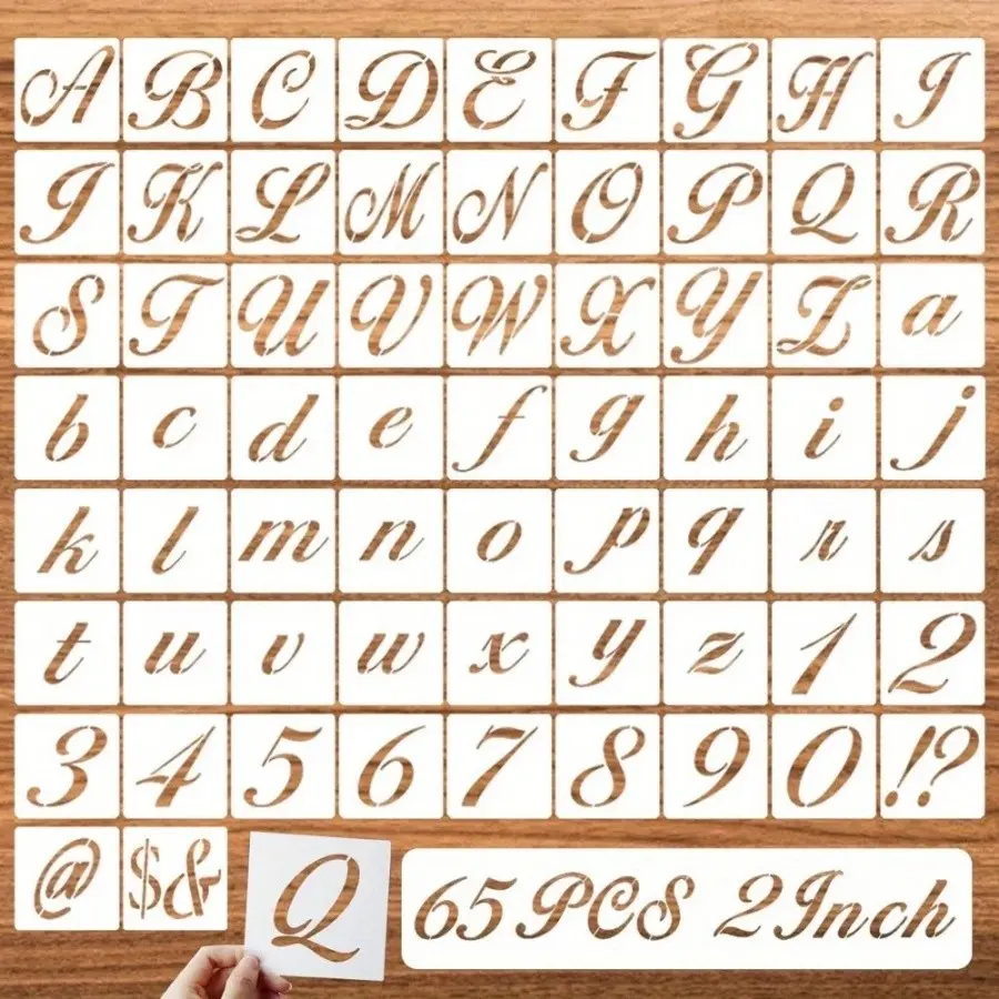 65 Pieces Reusable Plastic 2 Inch Letter Stencils, Alphabet, Numbers, Symbols for Wood Painting, Calligraphy Style Art Craft Templates, Art Craft Supplies