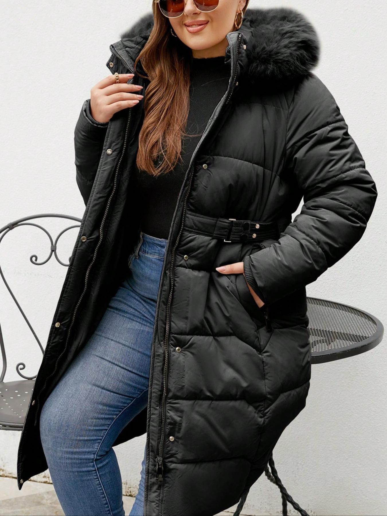 Women's Plus Size Winter Cotton Jacket, Hooded Warm Outdoor Commuter Coat with Fur Collar, Pocket Zipper, Waist Belt, Long Sleeve