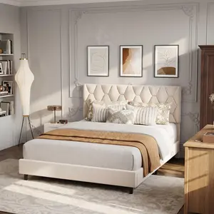 Soft Padded Upholstered Platform Bed Frame with Stable Solid Wood Slats, Quiet Noise-Free Design, No Box Spring Required, Available in Twin Full Sizes,  Modern Bedroom Furniture