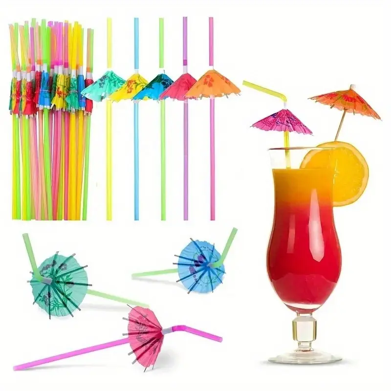 24PCS Party Table Decoration Props, Paper Umbrellas, Fruit Skewers, Bar Umbrellas, Straws