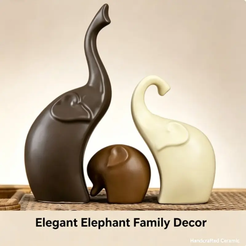 Modern Abstract Family Elephant Statue Set of 3, Matte Ceramic Elephant Figurines Home Decor, Home Decor Sculptures, Desktop Ornaments, Minimalist Animal Sculpture for Living Room TV Stand, Office Desk, Housewarming & Wedding Gift