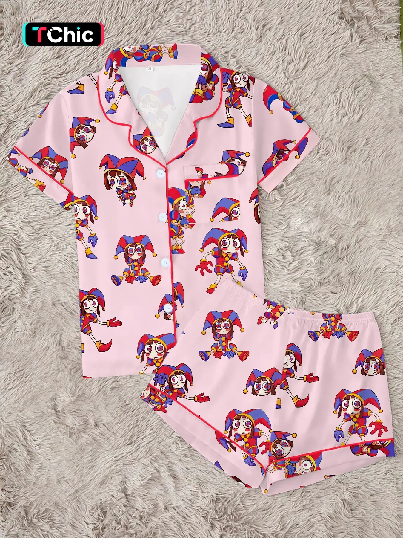 Women's Cute Circus Character Collared Pajamas Set, Funny Magic Monster Pattern Button Sleepwear, Soft 2-Piece Short Sleeve Summer Home Wear Loungewear