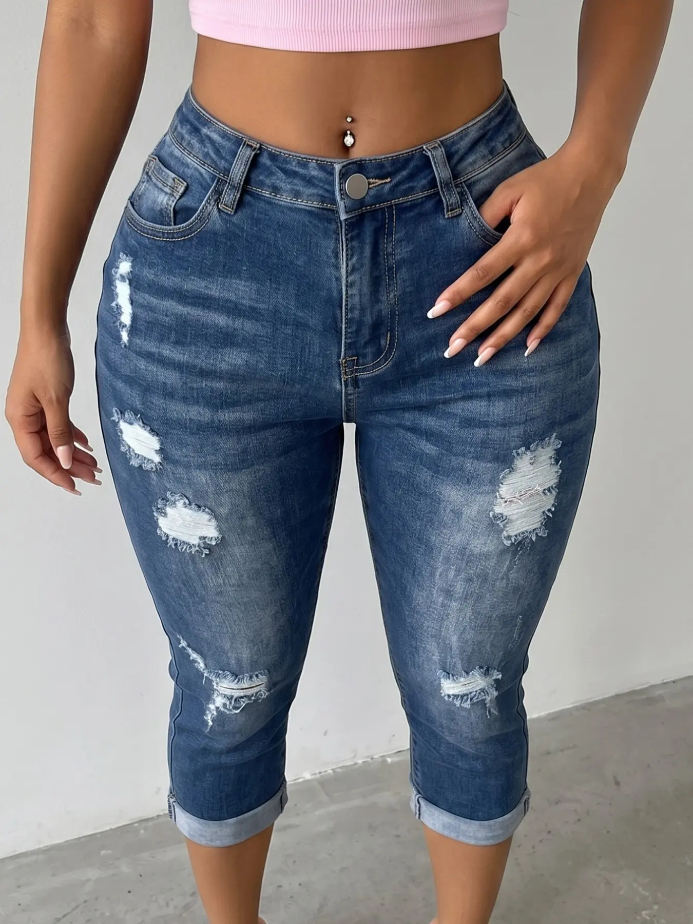 Women's Medium Wash High Waist Stretch Fit Ripped Button Capri Denim Jeans, Tummy Control Roll Cuff, Casual Denim Jeans for Daily Wear Pants
